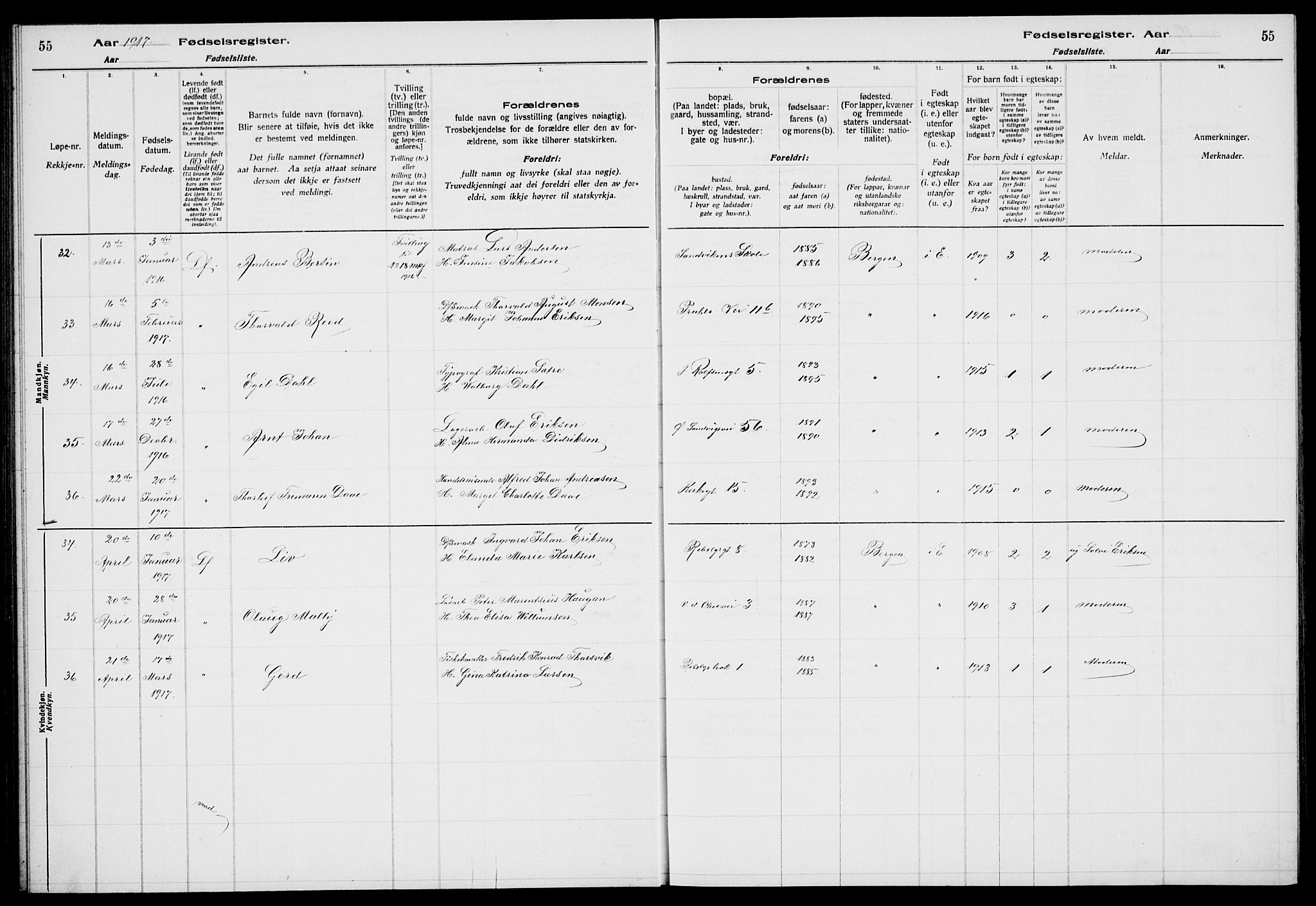 Sandviken Sokneprestembete, AV/SAB-A-77601/I/Ib/L00A1: Fødselsregister nr. A 1, 1915-1920, s. 55