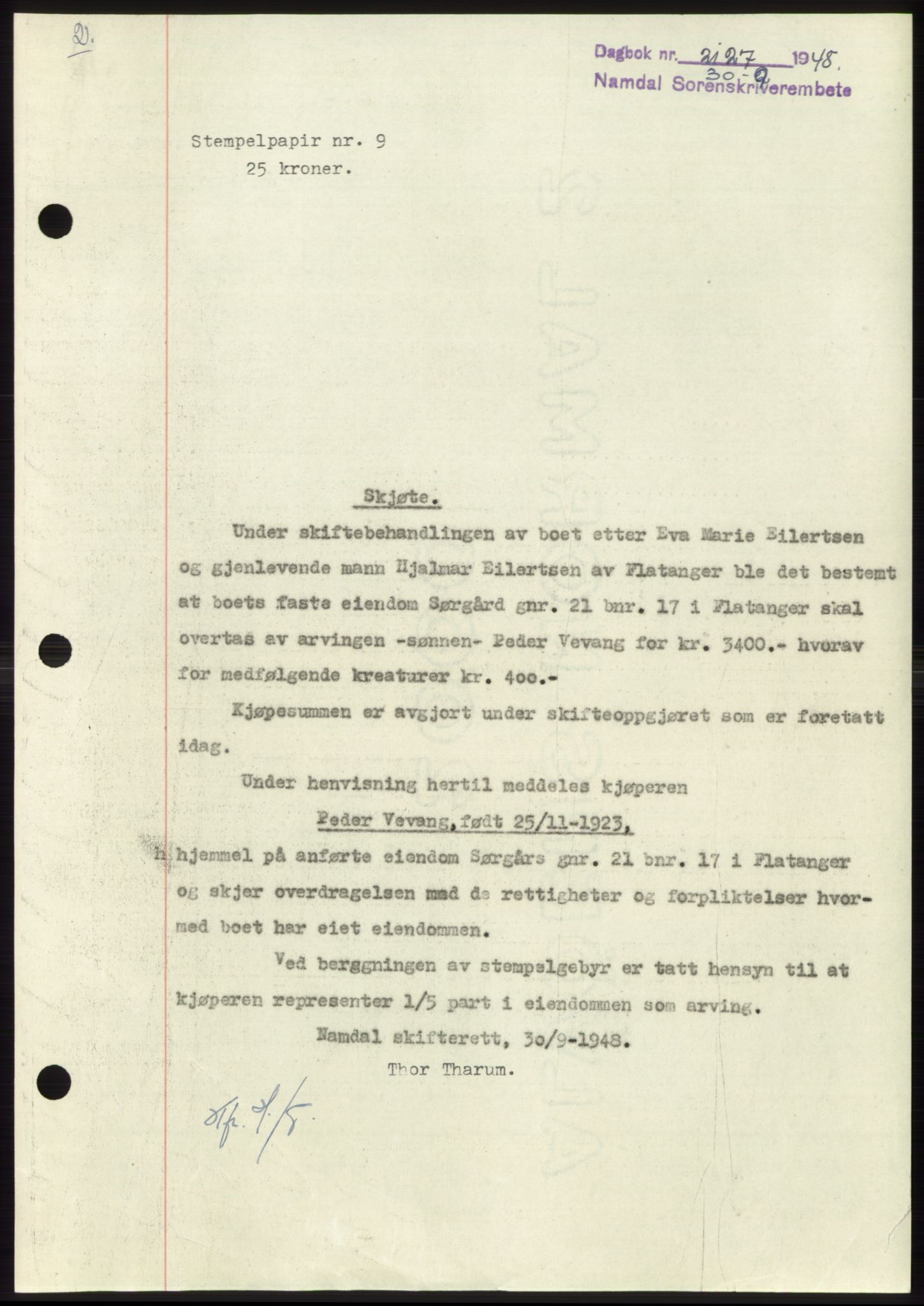 Namdal sorenskriveri, SAT/A-4133/1/2/2C: Pantebok nr. -, 1948-1948, Dagboknr: 2127/1948