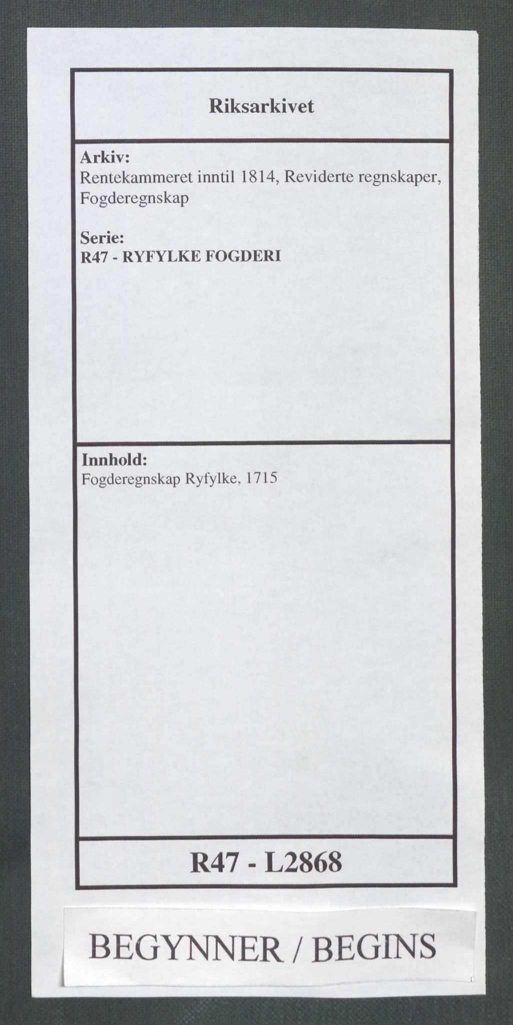 Rentekammeret inntil 1814, Reviderte regnskaper, Fogderegnskap, AV/RA-EA-4092/R47/L2868: Fogderegnskap Ryfylke, 1715, s. 1