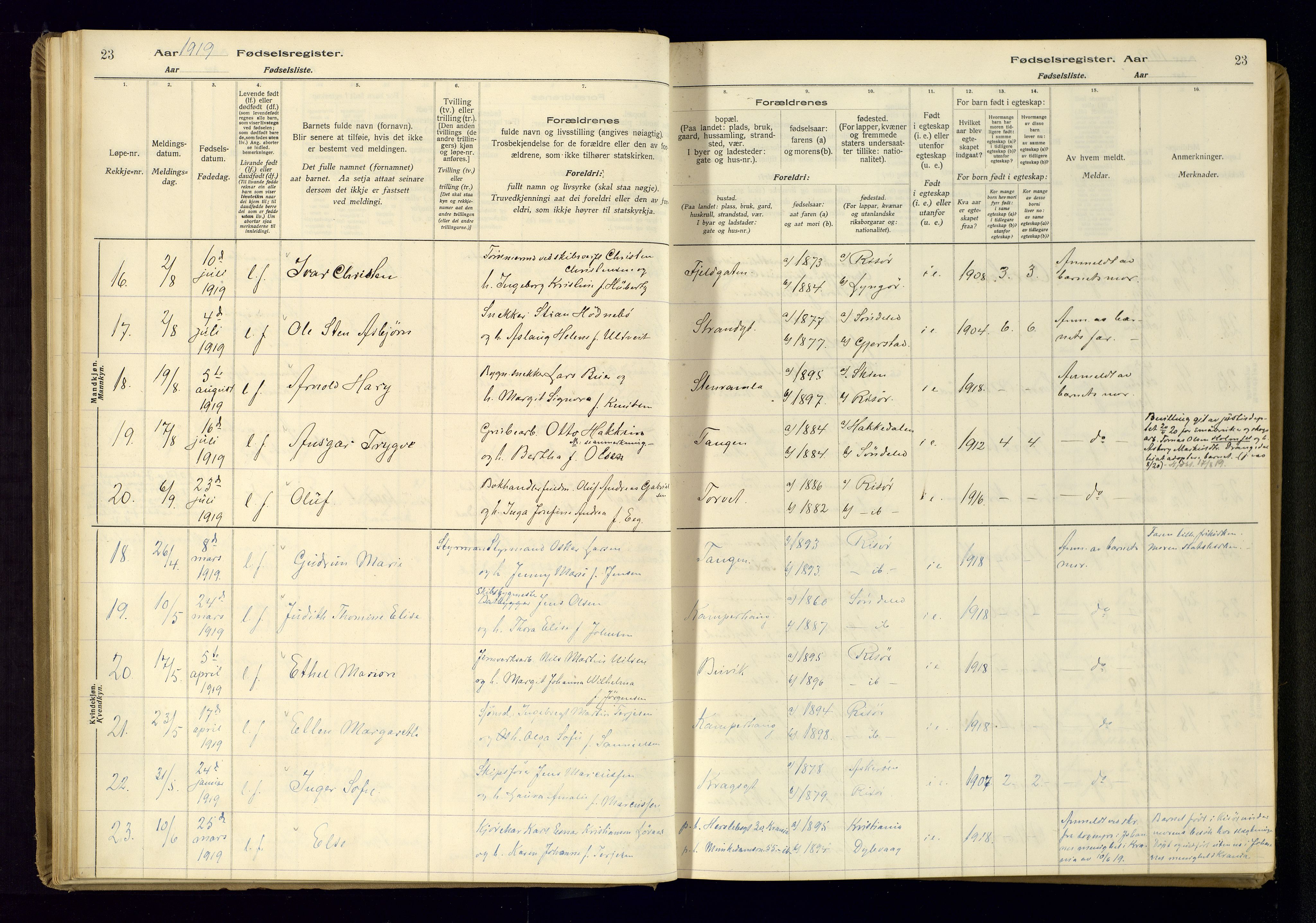 Risør sokneprestkontor, AV/SAK-1111-0035/J/Ja/L0001: Fødselsregister nr. A-VI-13, 1916-1947, s. 23