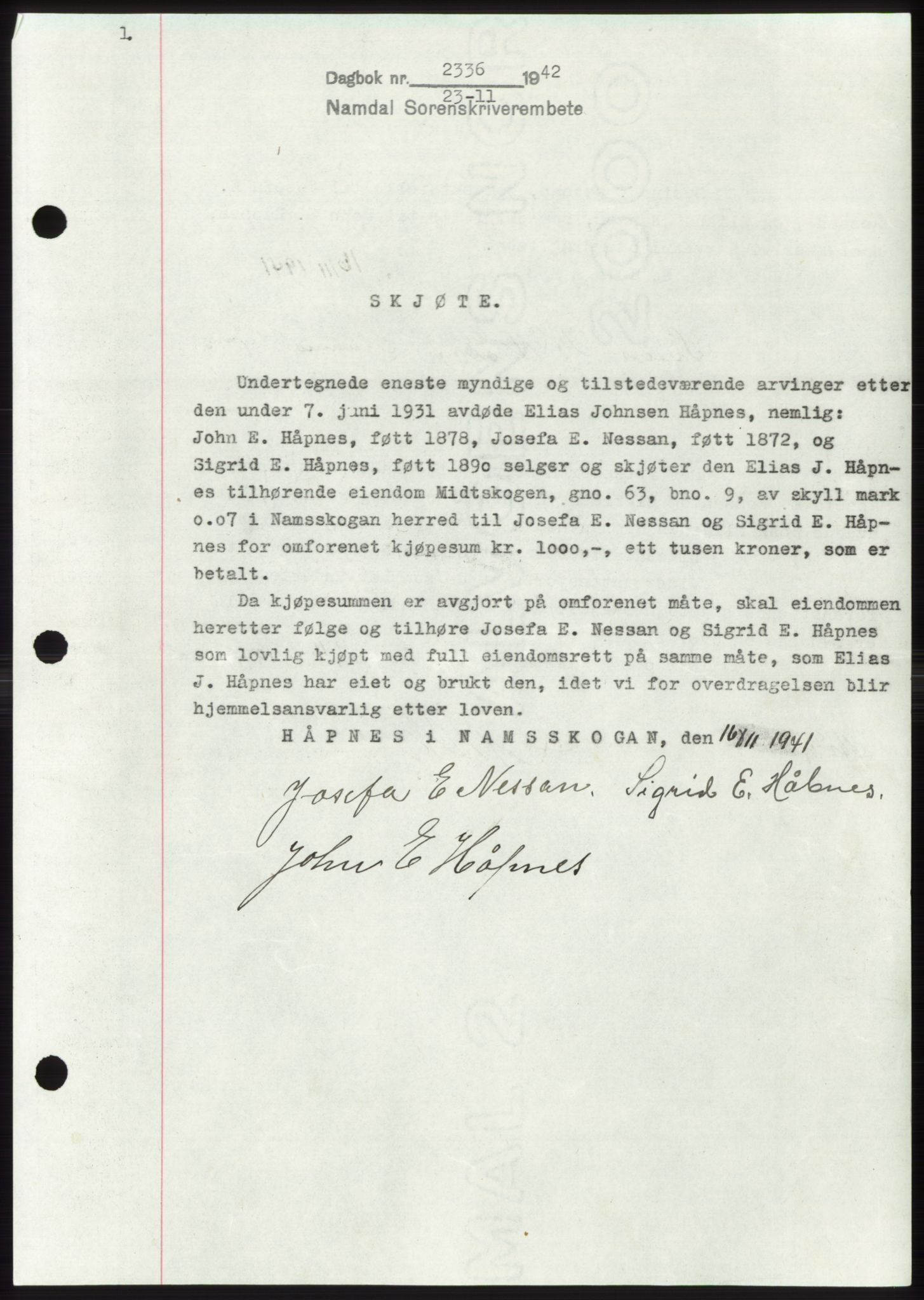 Namdal sorenskriveri, SAT/A-4133/1/2/2C: Pantebok nr. -, 1942-1943, Dagboknr: 2336/1942