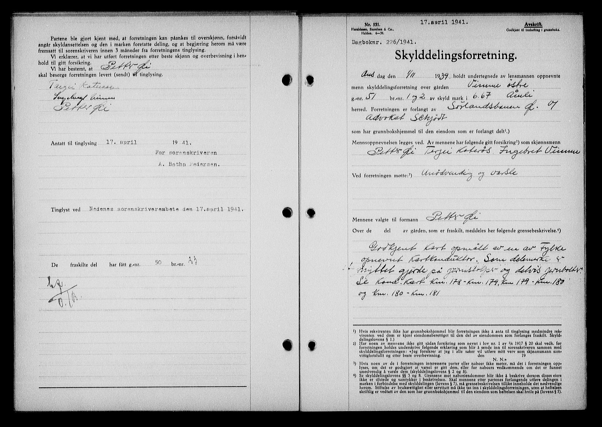 Nedenes sorenskriveri, AV/SAK-1221-0006/G/Gb/Gba/L0048: Pantebok nr. A-II, 1940-1941, Dagboknr: 226/1941