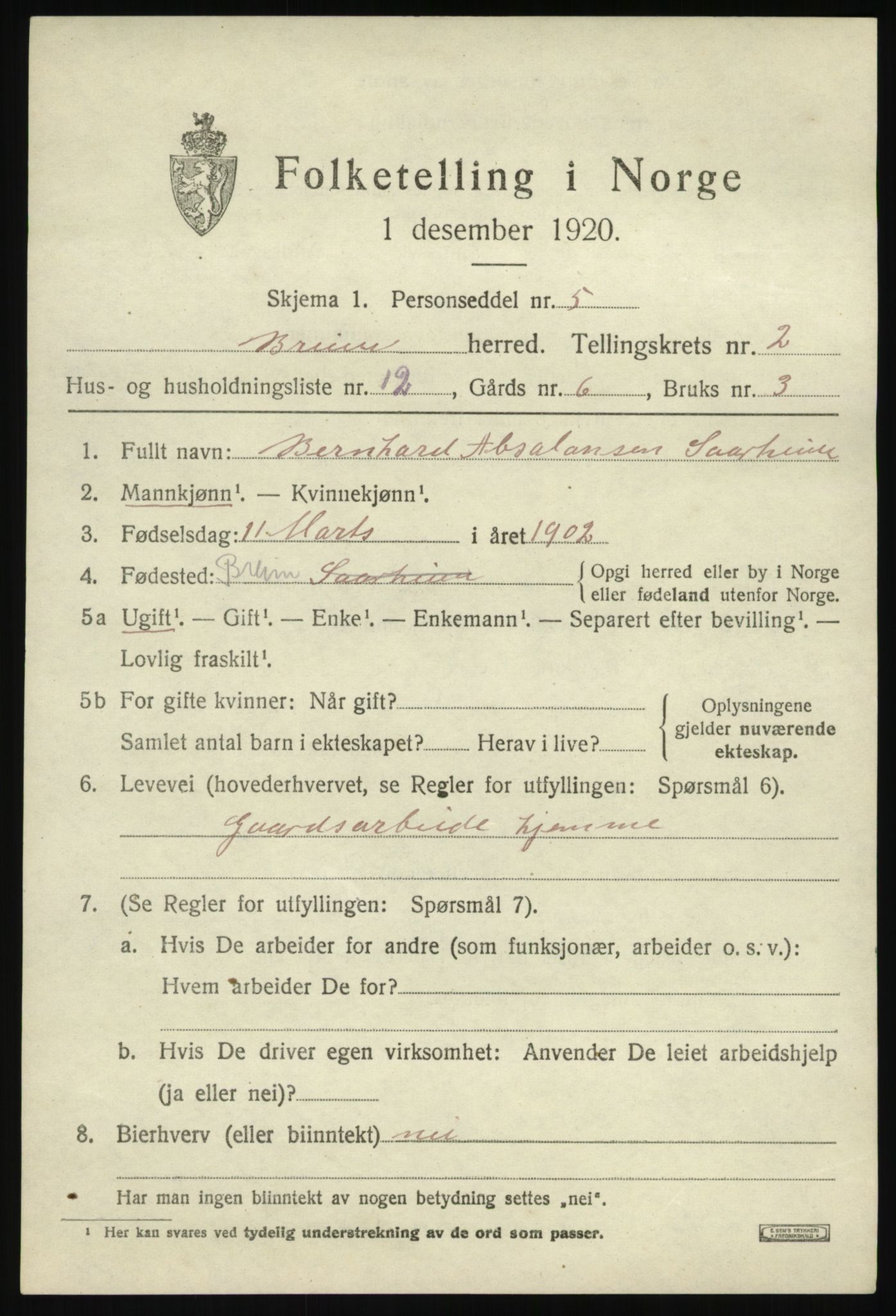 SAB, Folketelling 1920 for 1446 Breim herred, 1920, s. 989