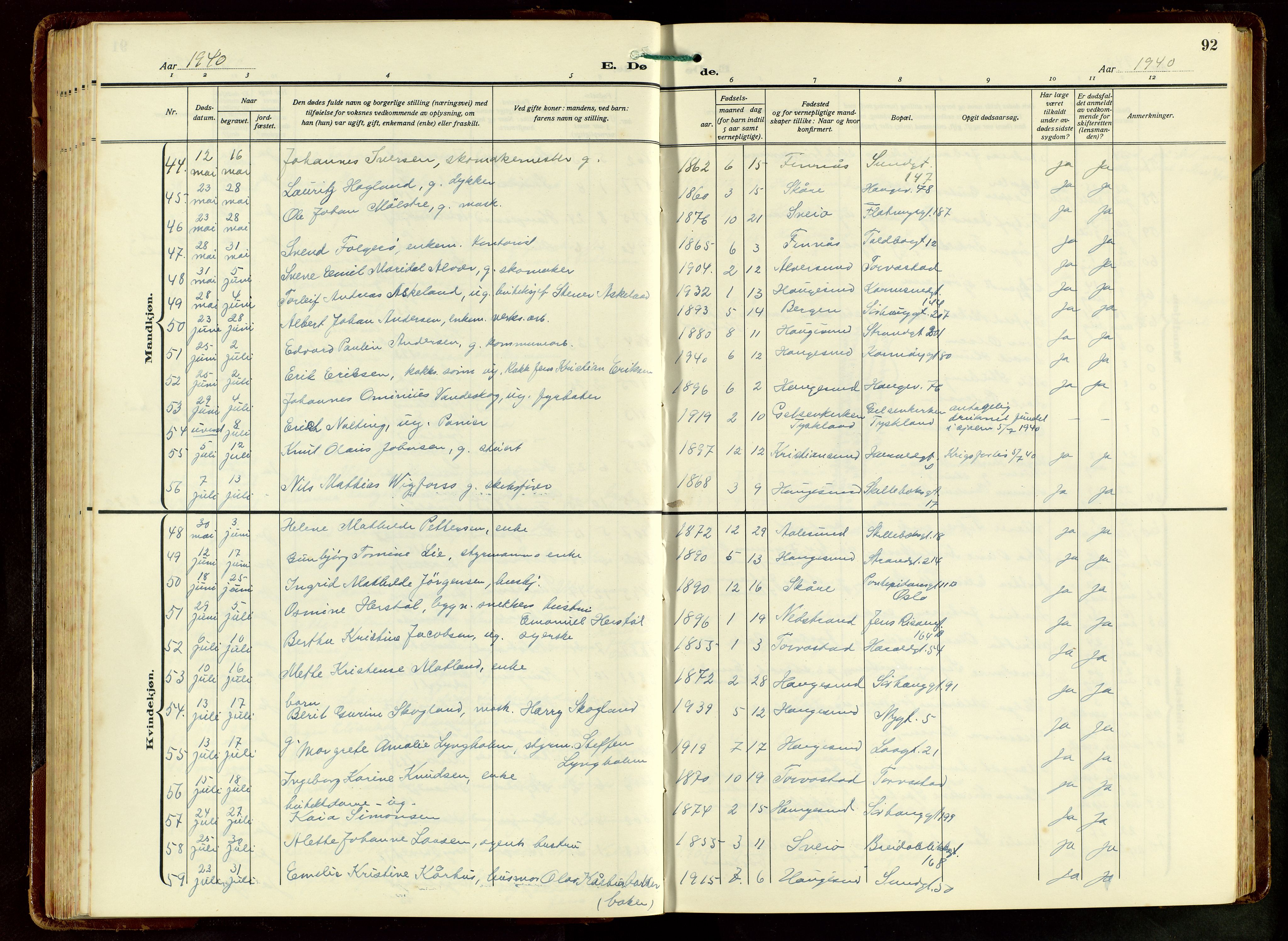 Haugesund sokneprestkontor, AV/SAST-A -101863/H/Ha/Hab/L0012: Klokkerbok nr. B 12, 1930-1958, s. 92