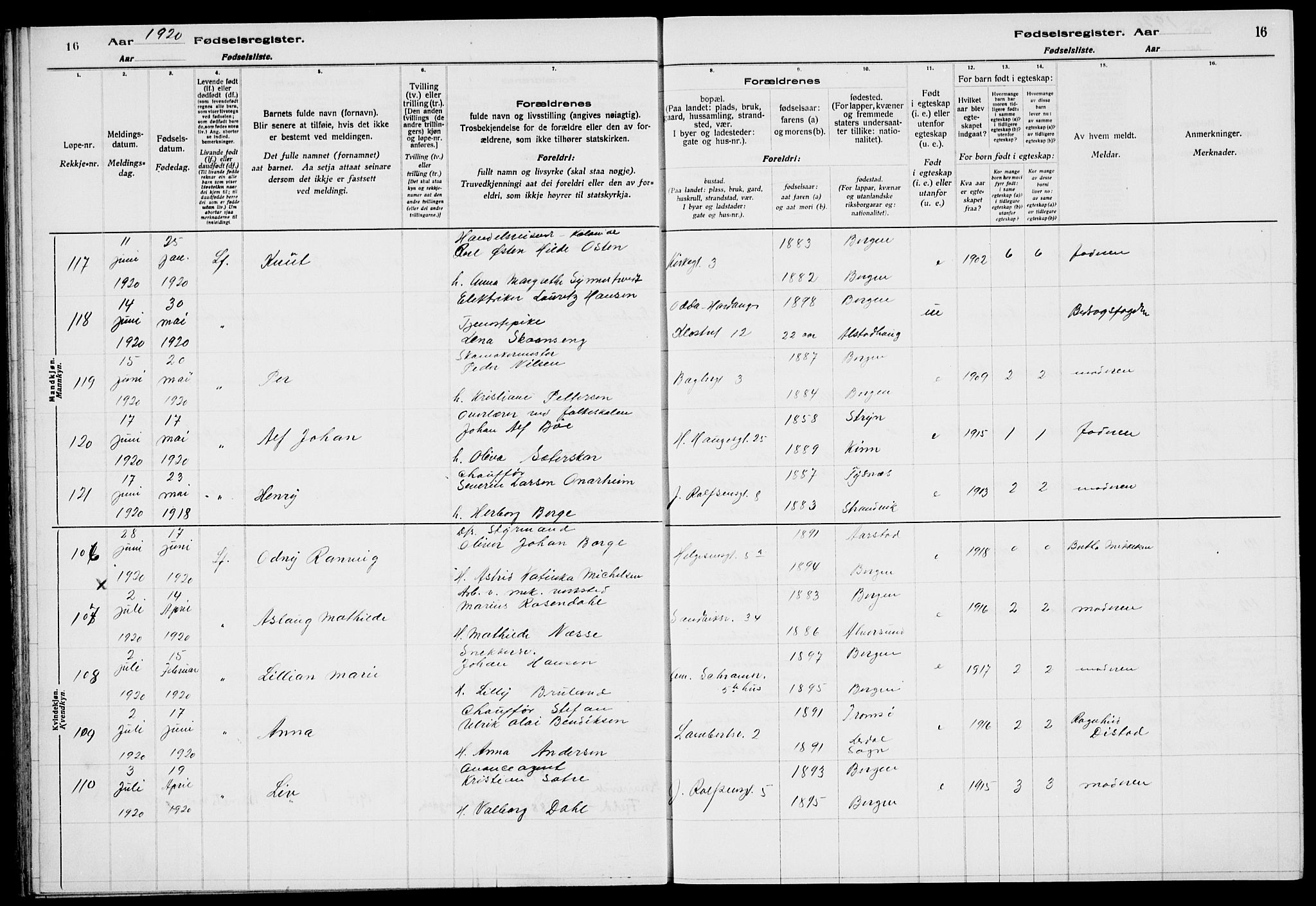 Sandviken Sokneprestembete, AV/SAB-A-77601/I/Ib/L00A2: Fødselsregister nr. A 2, 1920-1923, s. 16