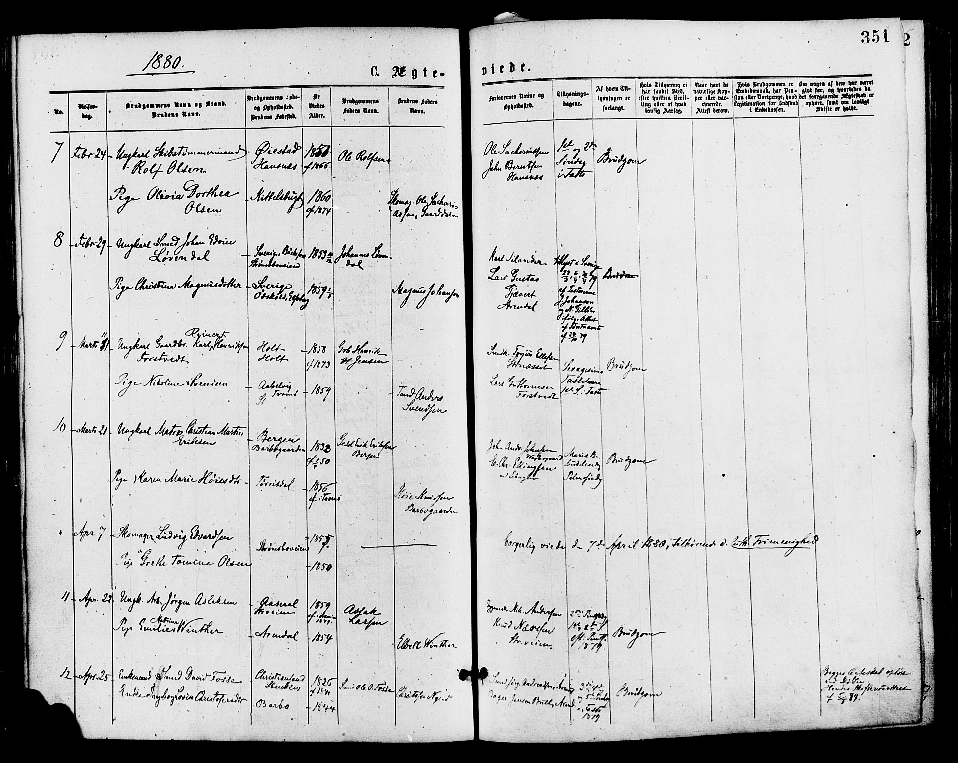 Barbu sokneprestkontor, AV/SAK-1111-0003/F/Fa/L0001: Ministerialbok nr. A 1 /1, 1878-1883, s. 351