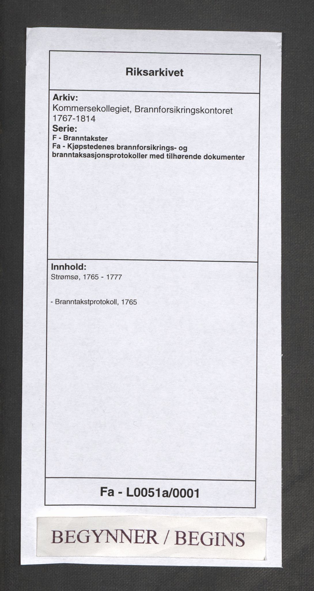 Kommersekollegiet, Brannforsikringskontoret 1767-1814, RA/EA-5458/F/Fa/L0051a/0001: Strømsø / Branntakstprotokoll, 1765
