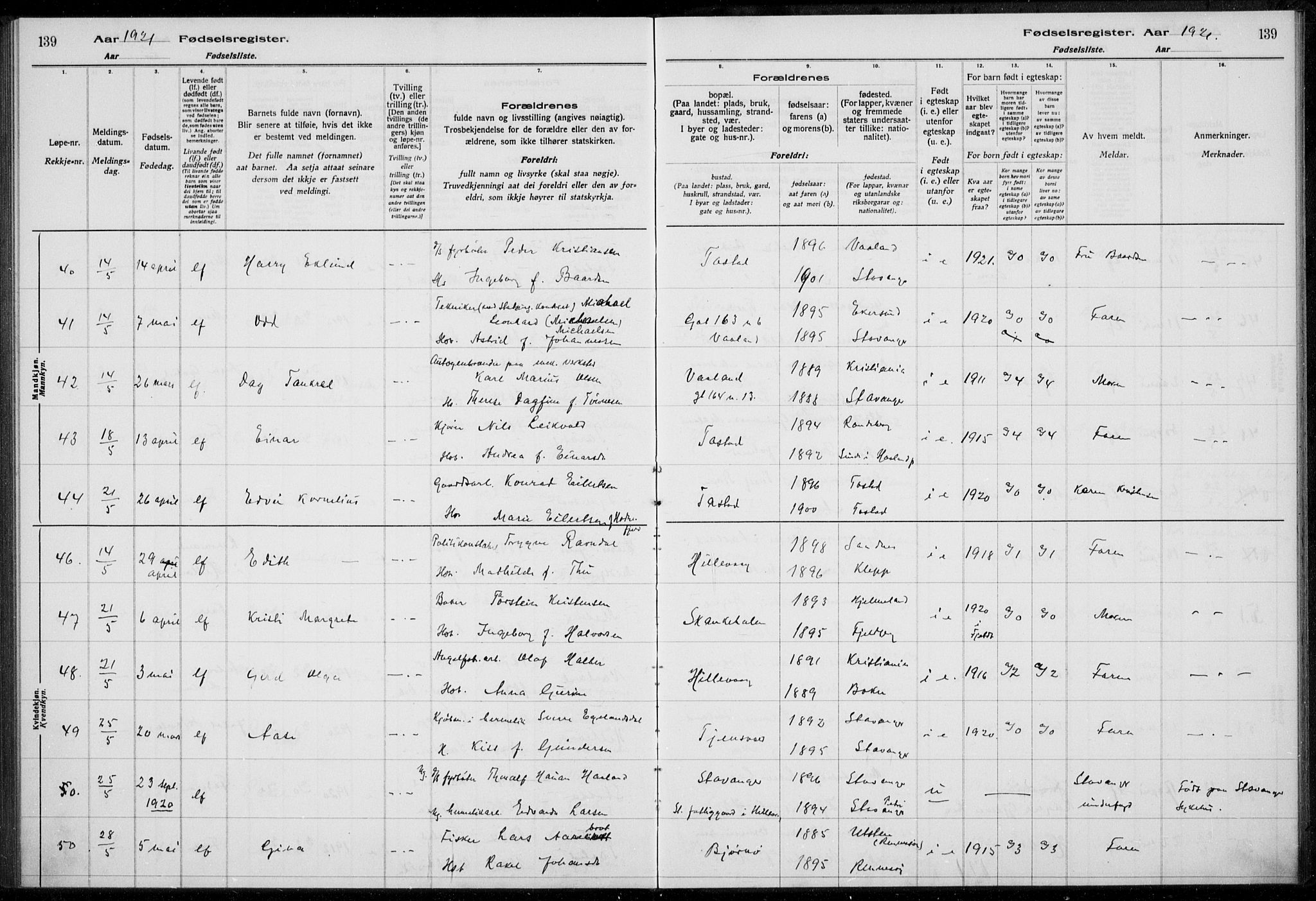 Hetland sokneprestkontor, AV/SAST-A-101826/70/704BA/L0003: Fødselsregister nr. 1, 1916-1923, s. 139