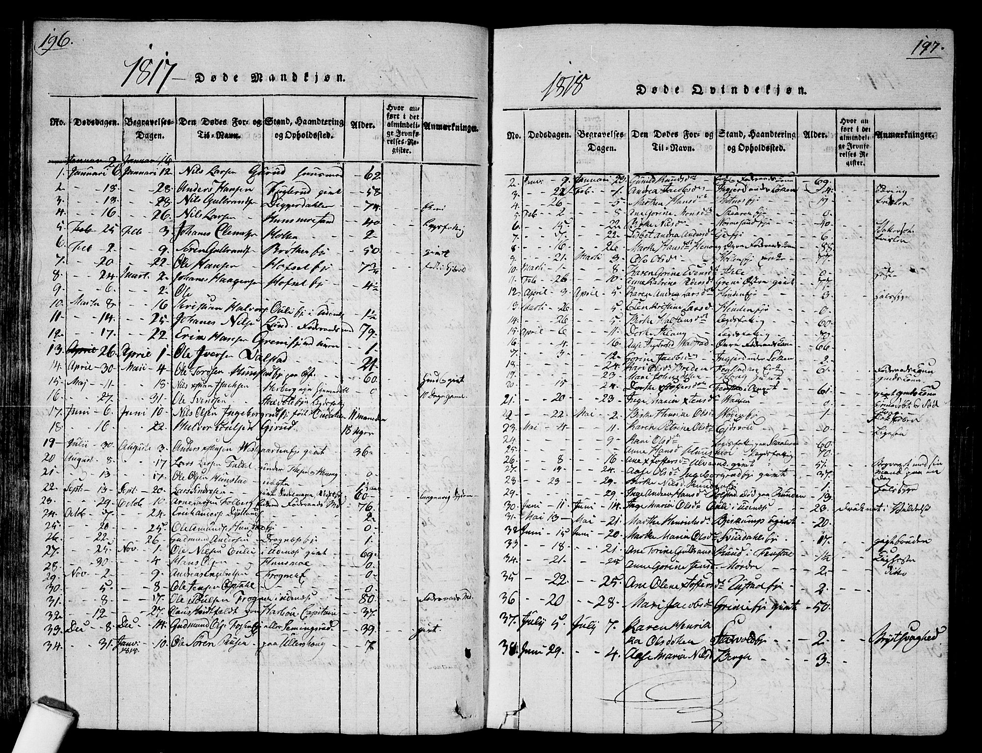 Nes prestekontor Kirkebøker, AV/SAO-A-10410/G/Ga/L0001: Klokkerbok nr. I 1, 1815-1835, s. 196-197