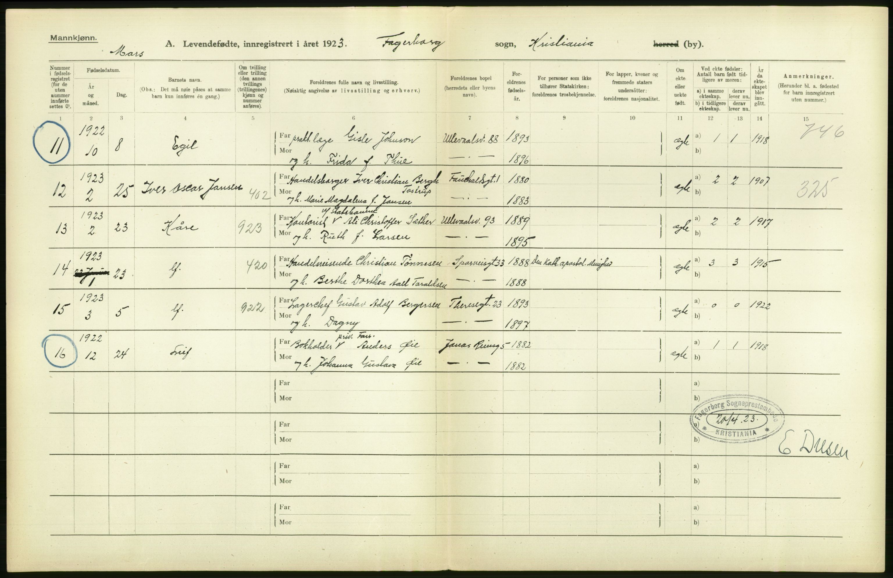 Statistisk sentralbyrå, Sosiodemografiske emner, Befolkning, AV/RA-S-2228/D/Df/Dfc/Dfcc/L0006: Kristiania: Levendefødte menn og kvinner., 1923, s. 54