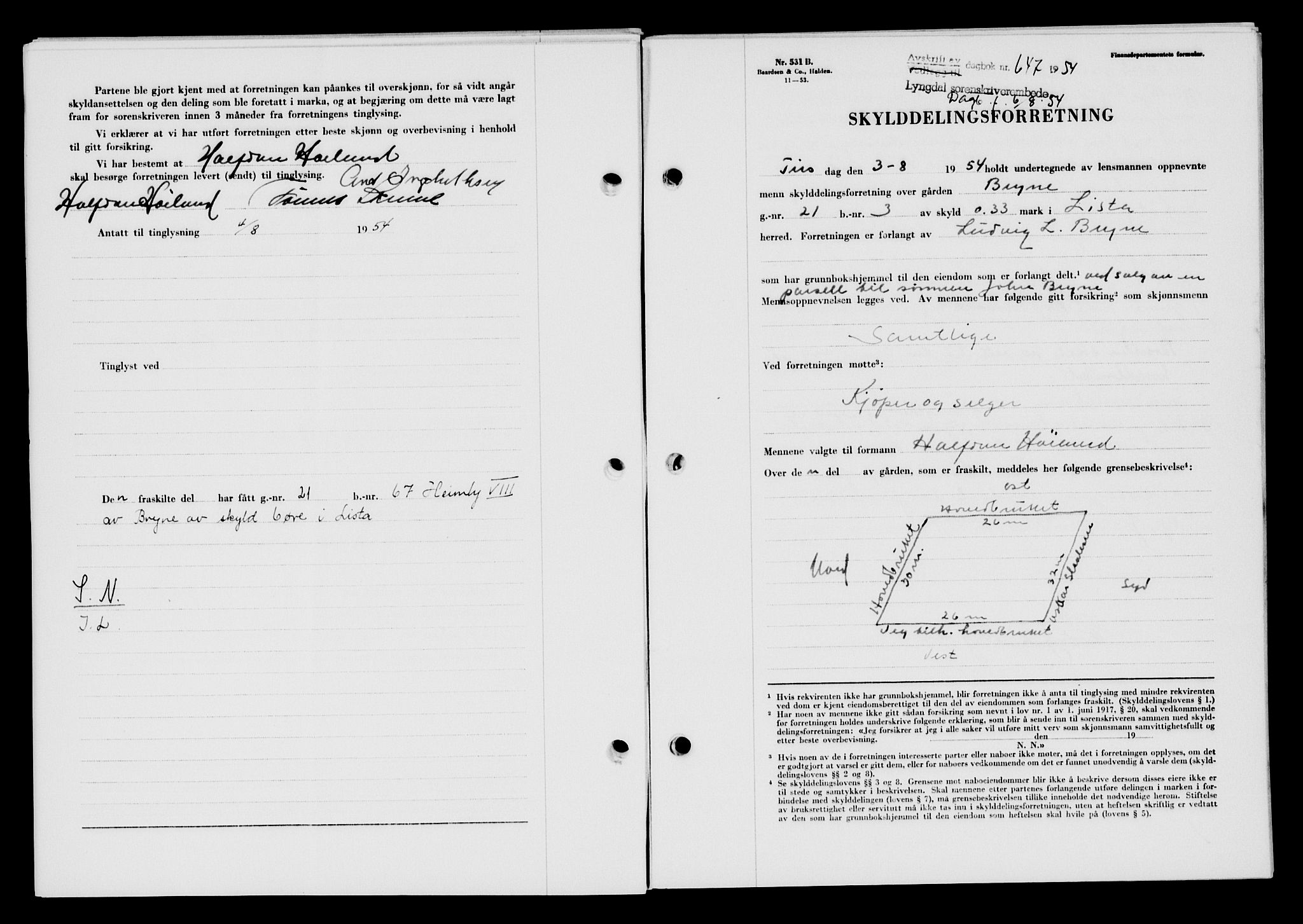 Lyngdal sorenskriveri, AV/SAK-1221-0004/G/Gb/L0670: Pantebok nr. A XVI, 1954-1954, Dagboknr: 647/1954