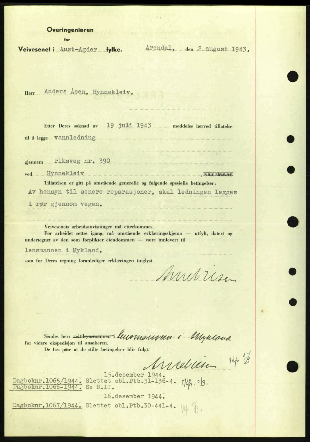 Nedenes sorenskriveri, SAK/1221-0006/G/Gb/Gba/L0052: Pantebok nr. A6a, 1944-1945, Dagboknr: 1064/1944