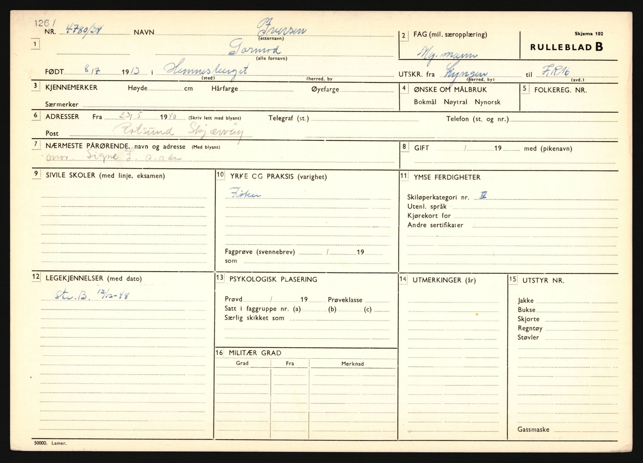 Forsvaret, Troms infanteriregiment nr. 16, AV/RA-RAFA-3146/P/Pa/L0018: Rulleblad for regimentets menige mannskaper, årsklasse 1934, 1934, s. 465