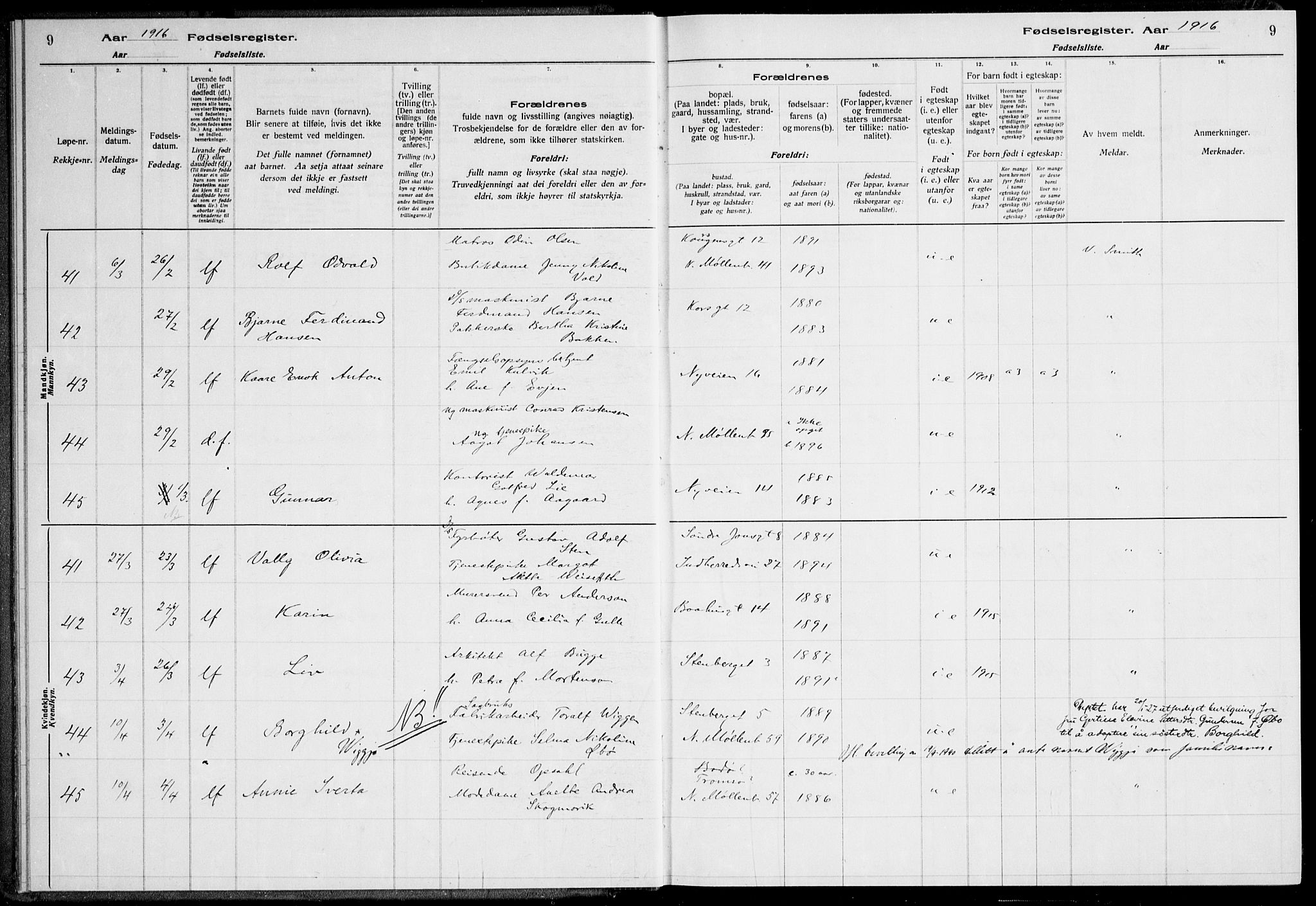 Ministerialprotokoller, klokkerbøker og fødselsregistre - Sør-Trøndelag, AV/SAT-A-1456/600/L0002: Fødselsregister nr. 600.II.4.1, 1916-1920, s. 9