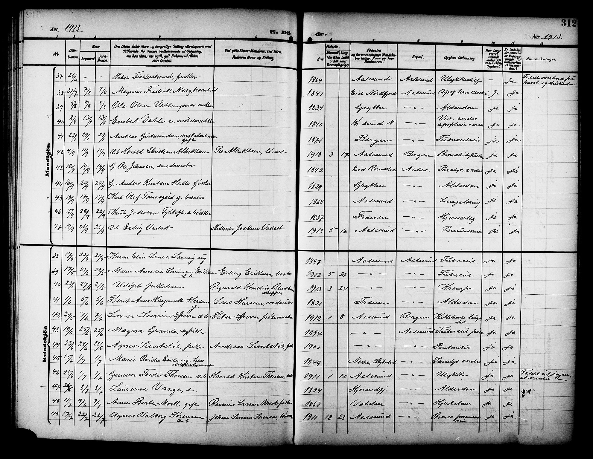 Ministerialprotokoller, klokkerbøker og fødselsregistre - Møre og Romsdal, AV/SAT-A-1454/529/L0470: Klokkerbok nr. 529C07, 1907-1917, s. 312