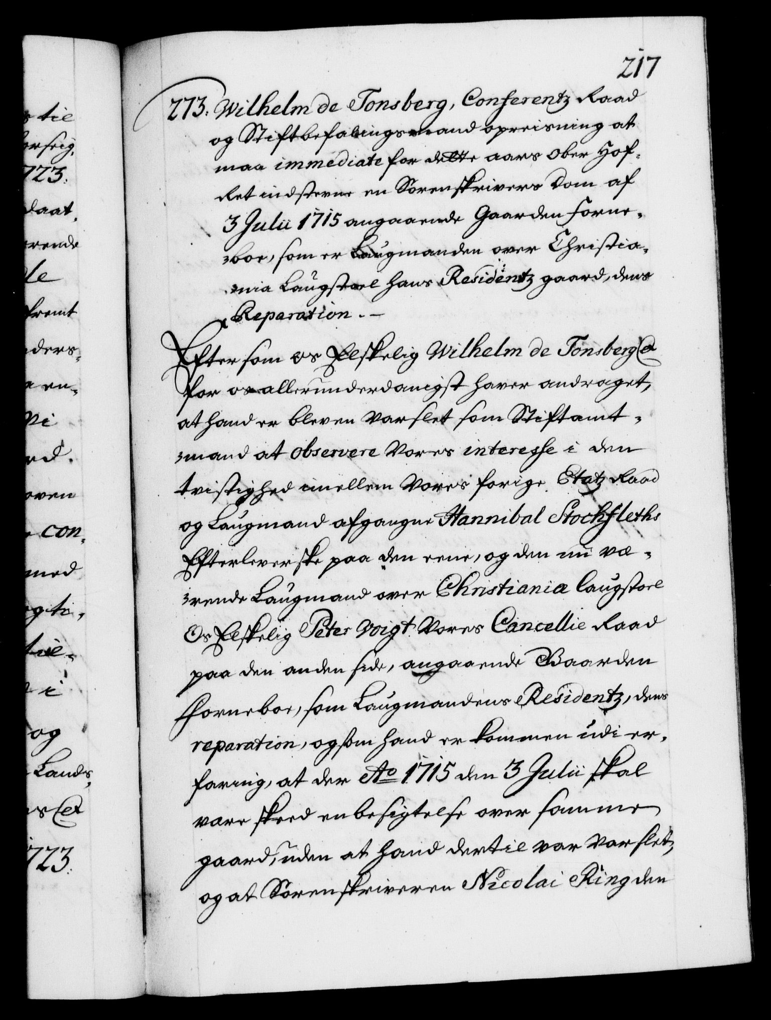 Danske Kanselli 1572-1799, AV/RA-EA-3023/F/Fc/Fca/Fcaa/L0024: Norske registre, 1723-1725, s. 217a