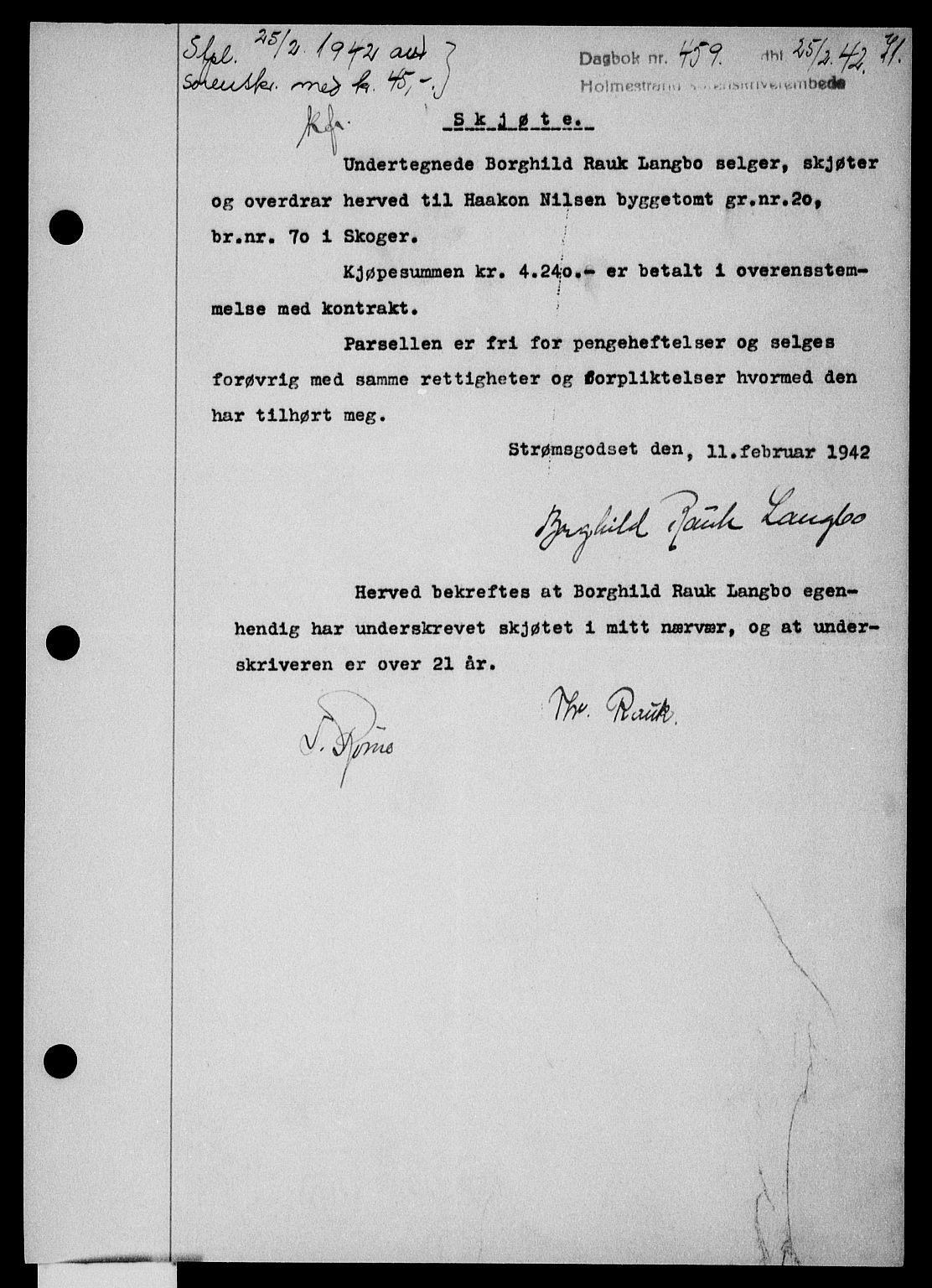 Holmestrand sorenskriveri, SAKO/A-67/G/Ga/Gaa/L0055: Pantebok nr. A-55, 1942-1942, Dagboknr: 459/1942