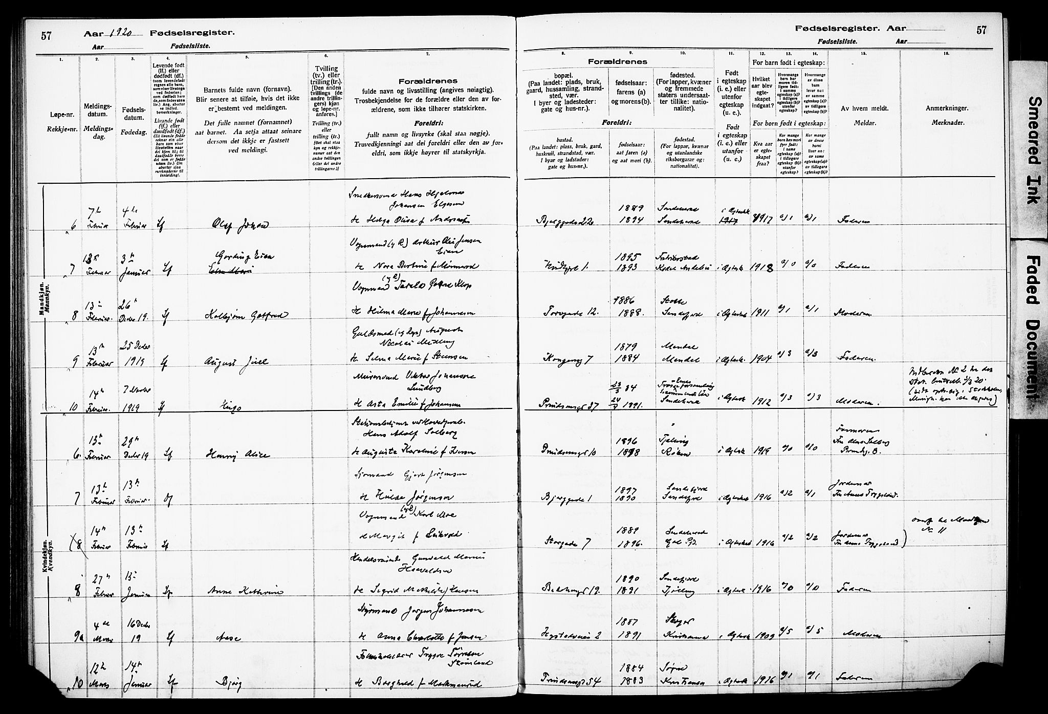 Sandefjord kirkebøker, AV/SAKO-A-315/J/Ja/L0001: Fødselsregister nr. 1, 1916-1932, s. 57