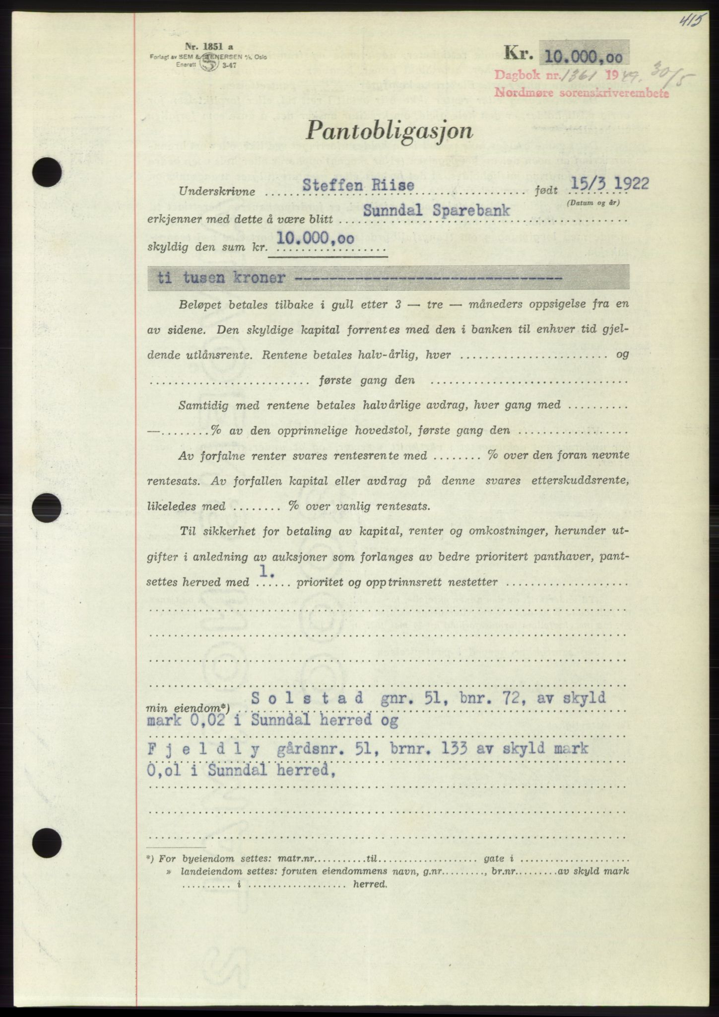 Nordmøre sorenskriveri, AV/SAT-A-4132/1/2/2Ca: Pantebok nr. B101, 1949-1949, Dagboknr: 1361/1949