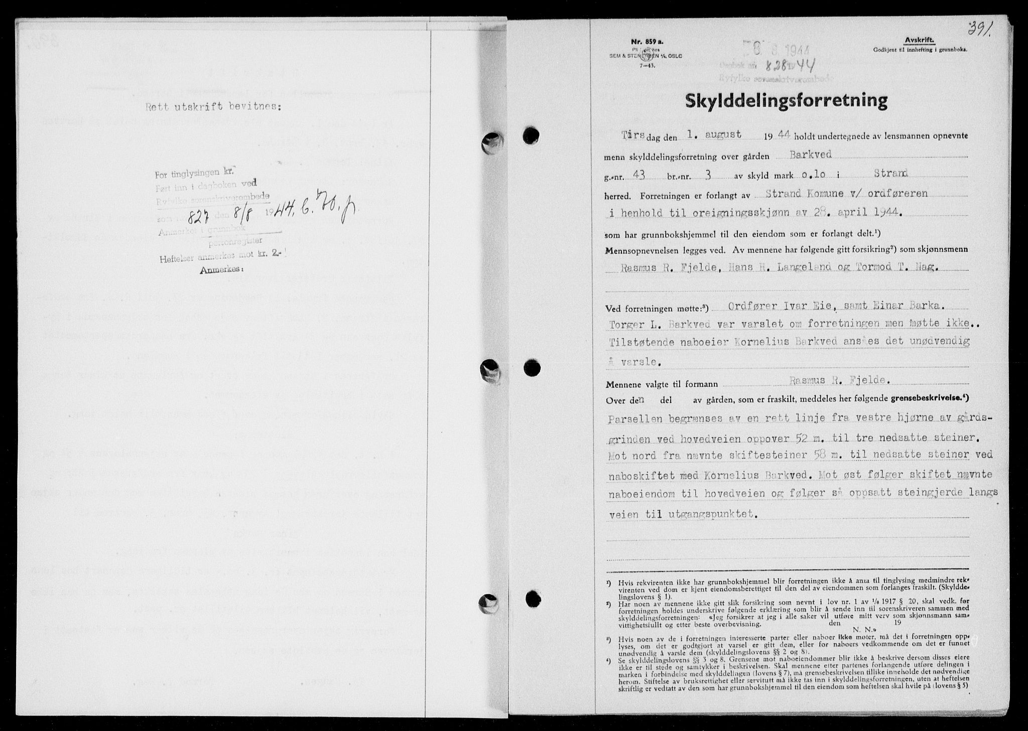 Ryfylke tingrett, SAST/A-100055/001/II/IIB/L0091: Pantebok nr. 70, 1943-1944, Dagboknr: 828/1944