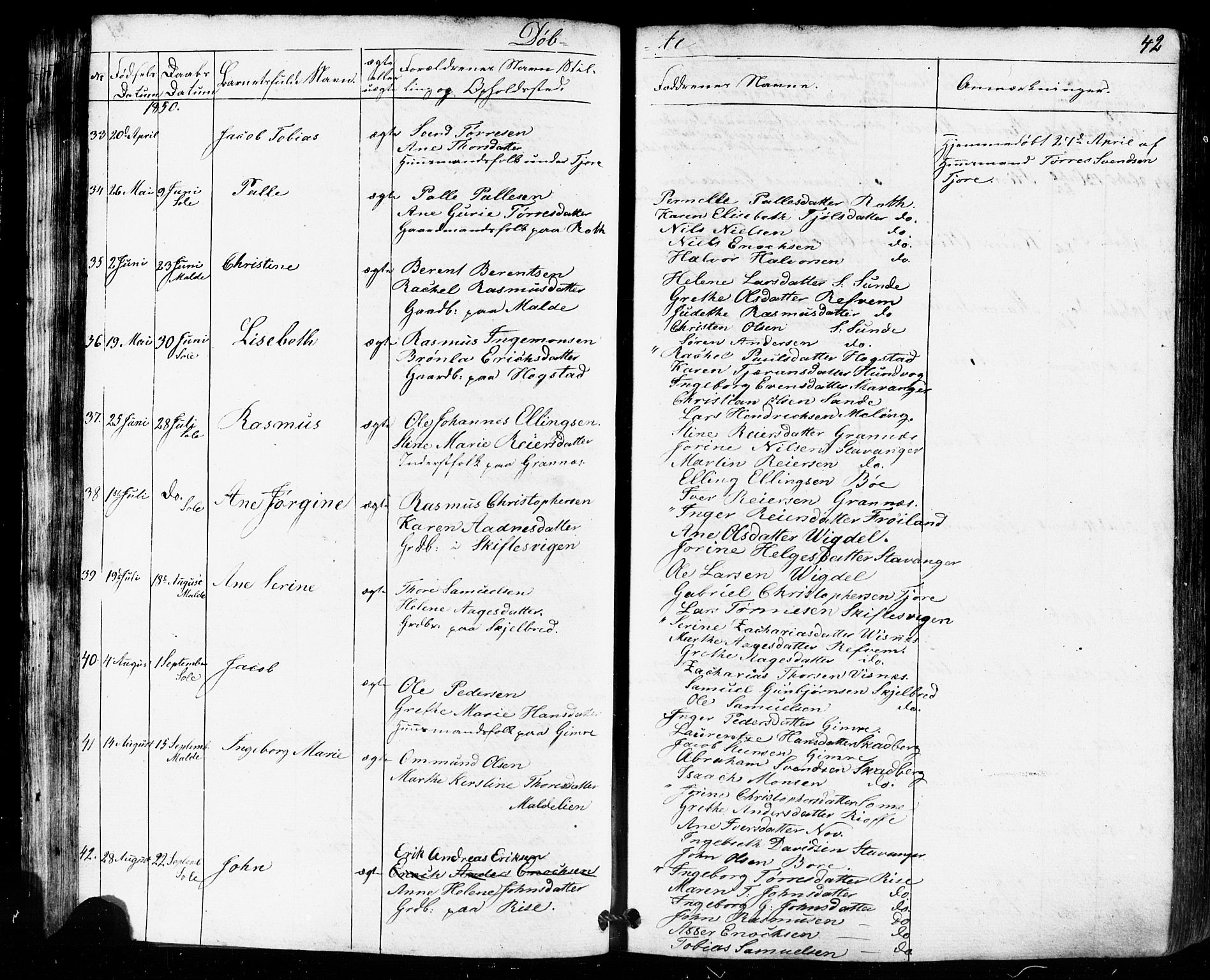 Håland sokneprestkontor, AV/SAST-A-101802/001/30BB/L0002: Klokkerbok nr. B 2, 1845-1872, s. 42