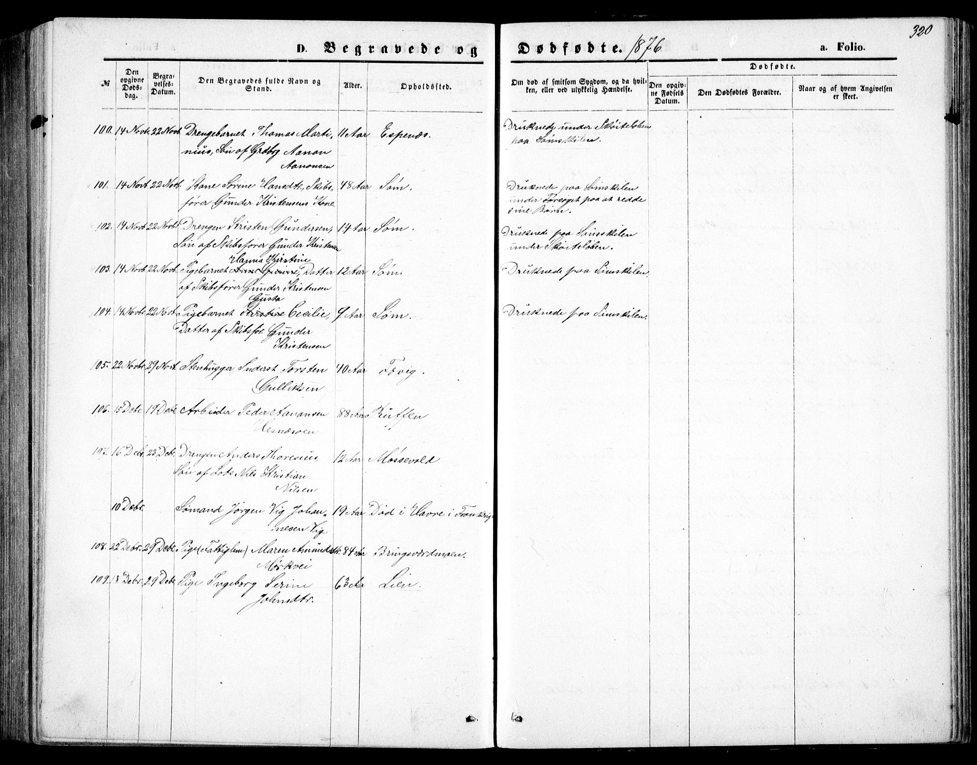 Fjære sokneprestkontor, AV/SAK-1111-0011/F/Fb/L0010: Klokkerbok nr. B 10, 1871-1880, s. 320