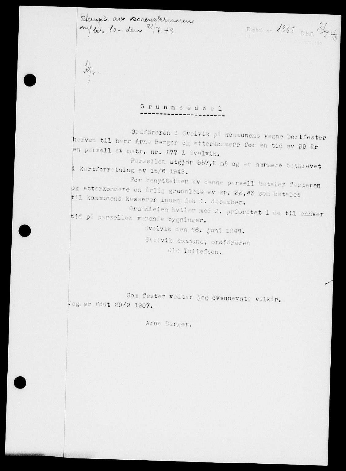 Holmestrand sorenskriveri, SAKO/A-67/G/Ga/Gaa/L0064: Pantebok nr. A-64, 1948-1948, Dagboknr: 1365/1948