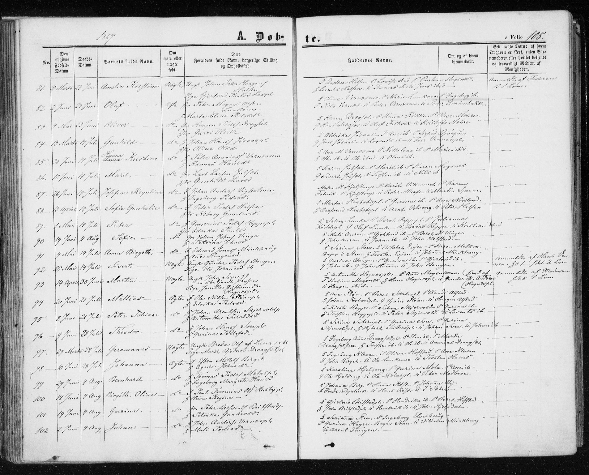 Ministerialprotokoller, klokkerbøker og fødselsregistre - Nord-Trøndelag, AV/SAT-A-1458/709/L0075: Ministerialbok nr. 709A15, 1859-1870, s. 105
