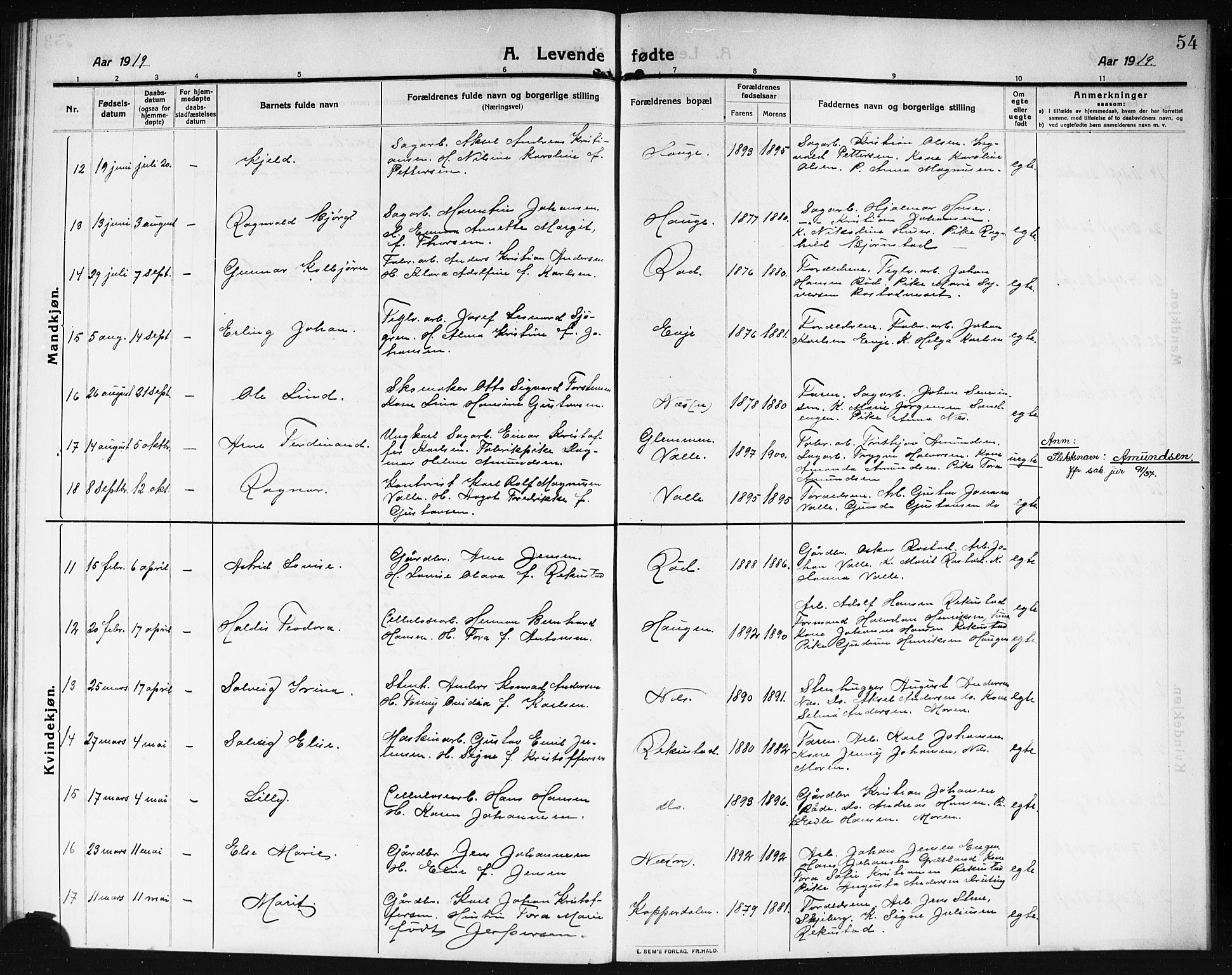 Rolvsøy prestekontor Kirkebøker, AV/SAO-A-2004/G/Ga/L0001: Klokkerbok nr. 1, 1911-1920, s. 54