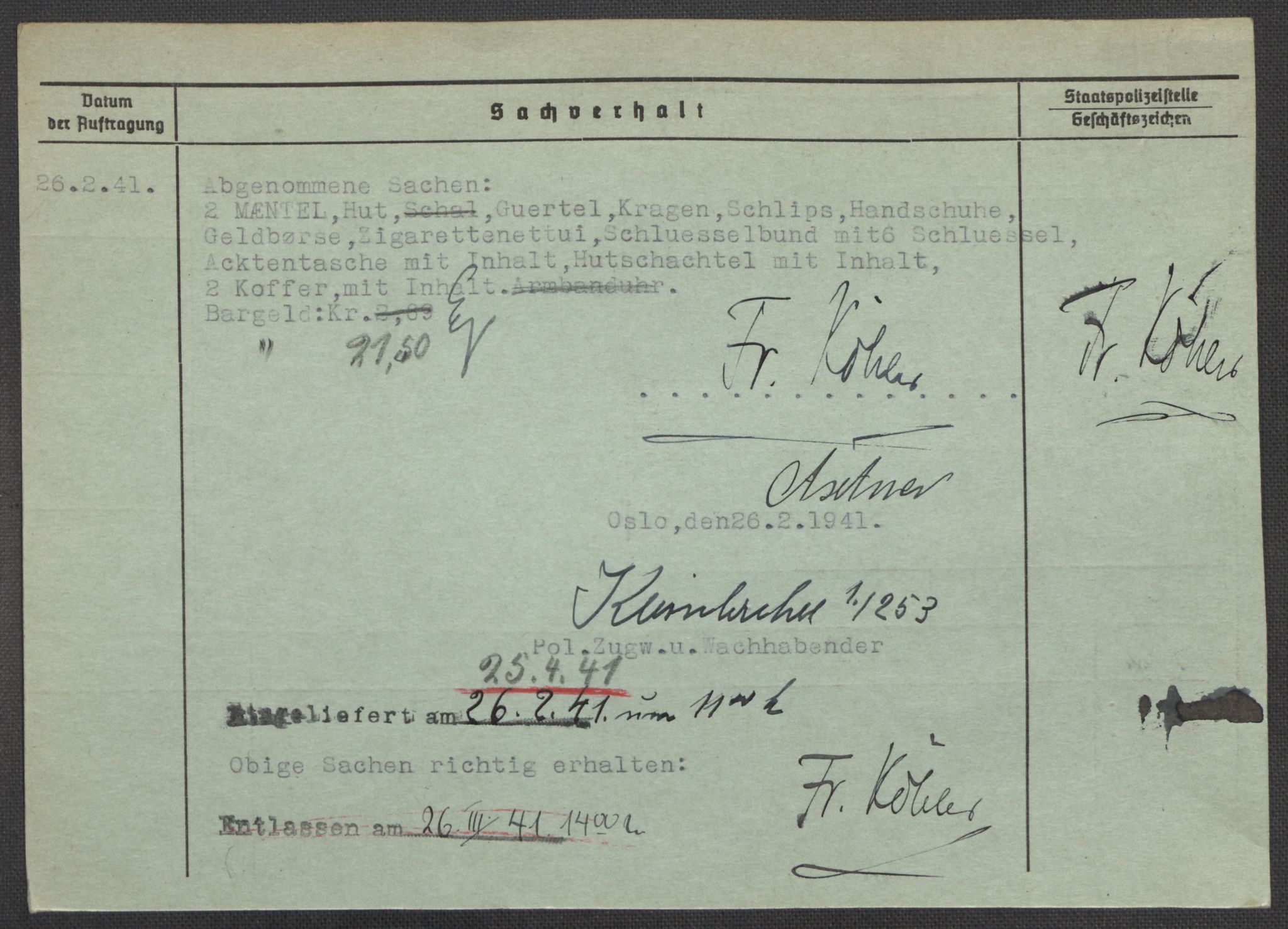 Befehlshaber der Sicherheitspolizei und des SD, RA/RAFA-5969/E/Ea/Eaa/L0006: Register over norske fanger i Møllergata 19: Kj-Lund, 1940-1945, s. 587
