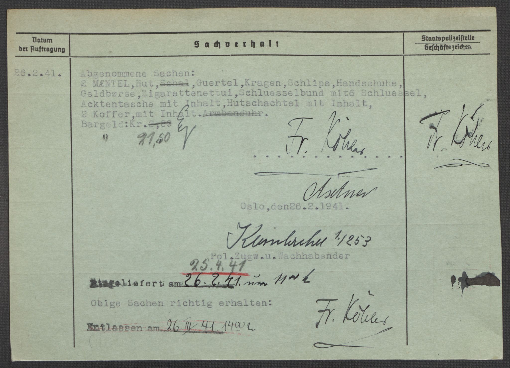 Befehlshaber der Sicherheitspolizei und des SD, AV/RA-RAFA-5969/E/Ea/Eaa/L0006: Register over norske fanger i Møllergata 19: Kj-Lund, 1940-1945, s. 587