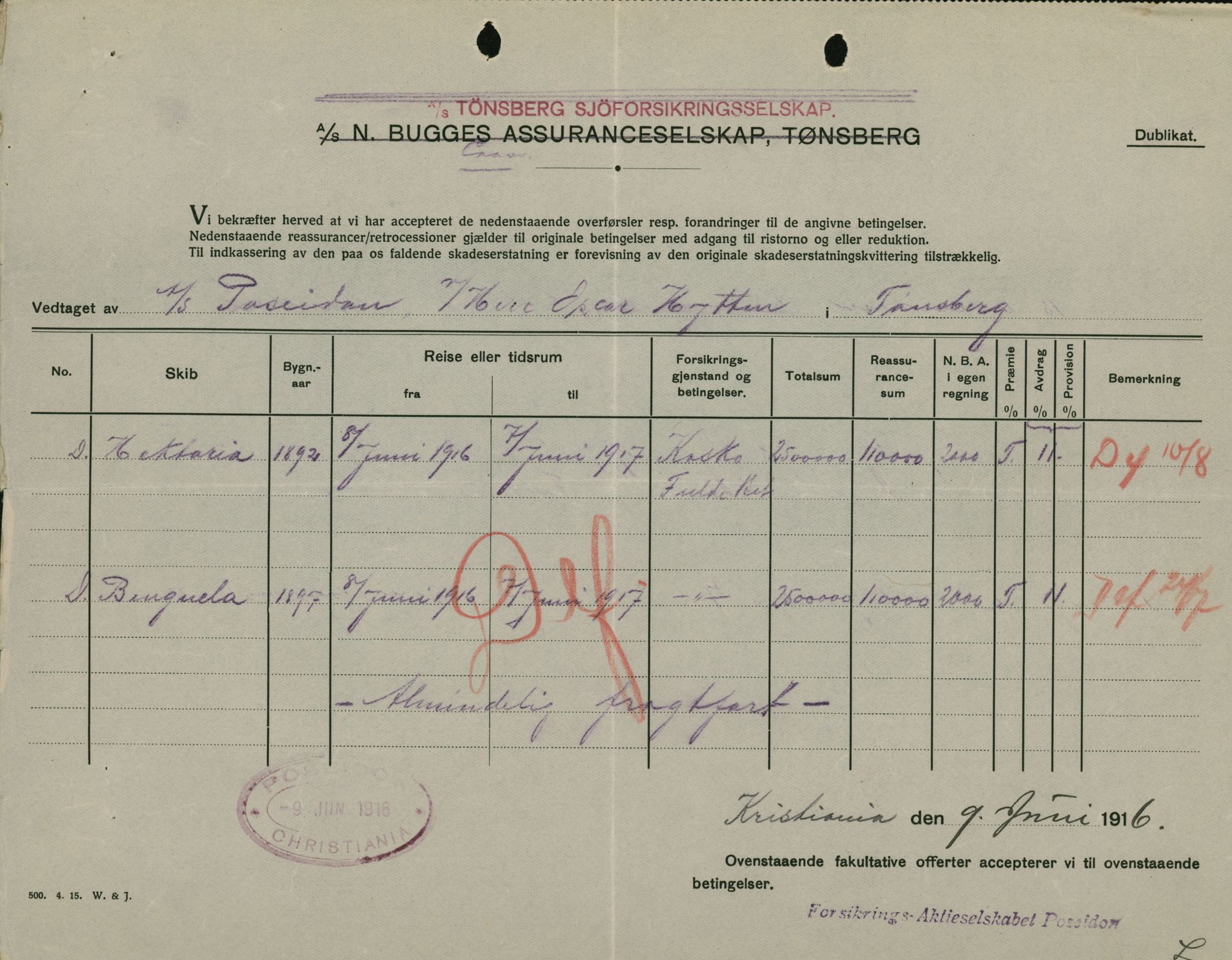 Pa 664 - Tønsberg Sjøforsikringsselskap, VEMU/A-1773/F/L0001: Forsikringspoliser, 1915-1918