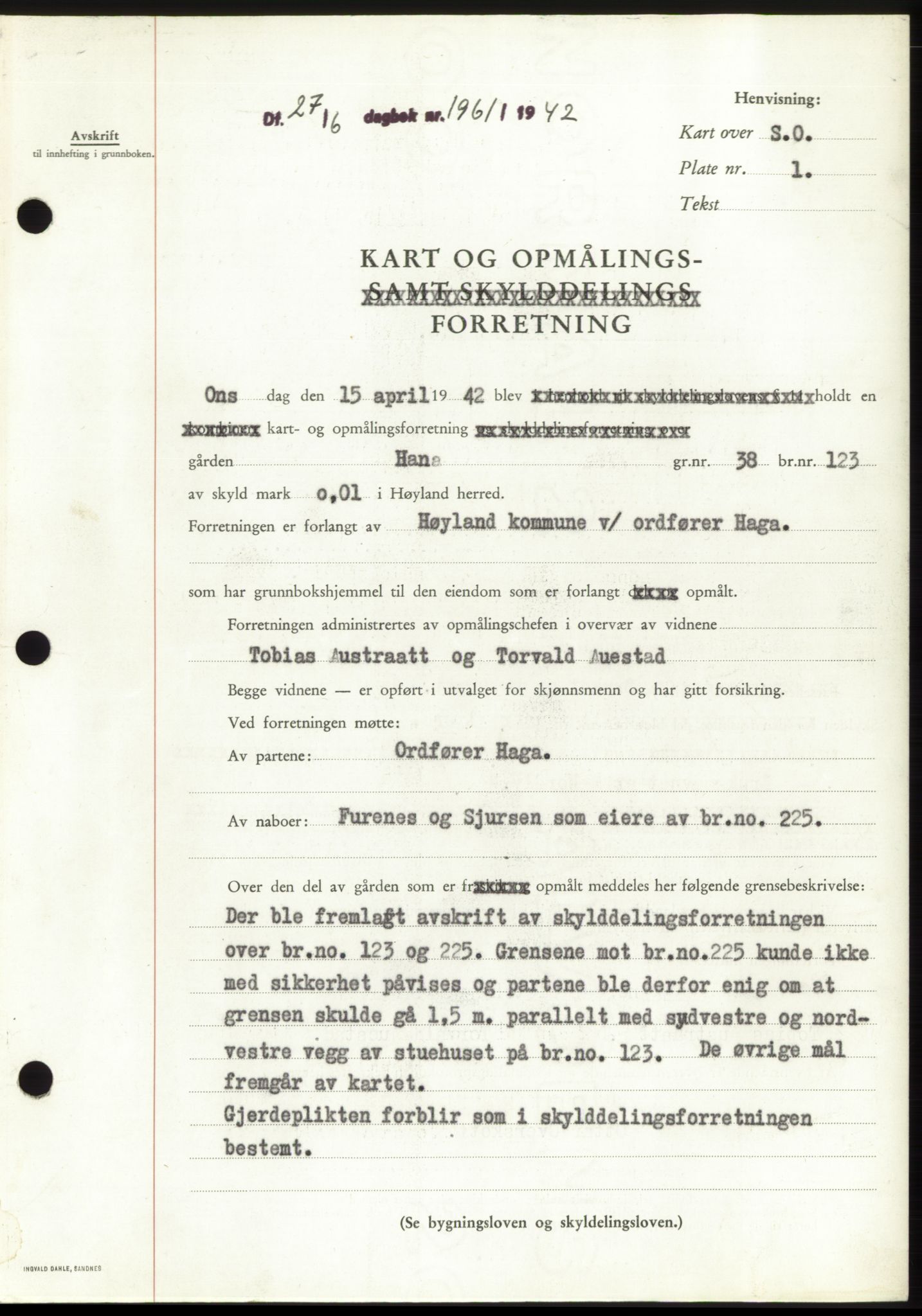 Jæren sorenskriveri, SAST/A-100310/03/G/Gba/L0082: Pantebok, 1942-1942, Dagboknr: 1961/1942