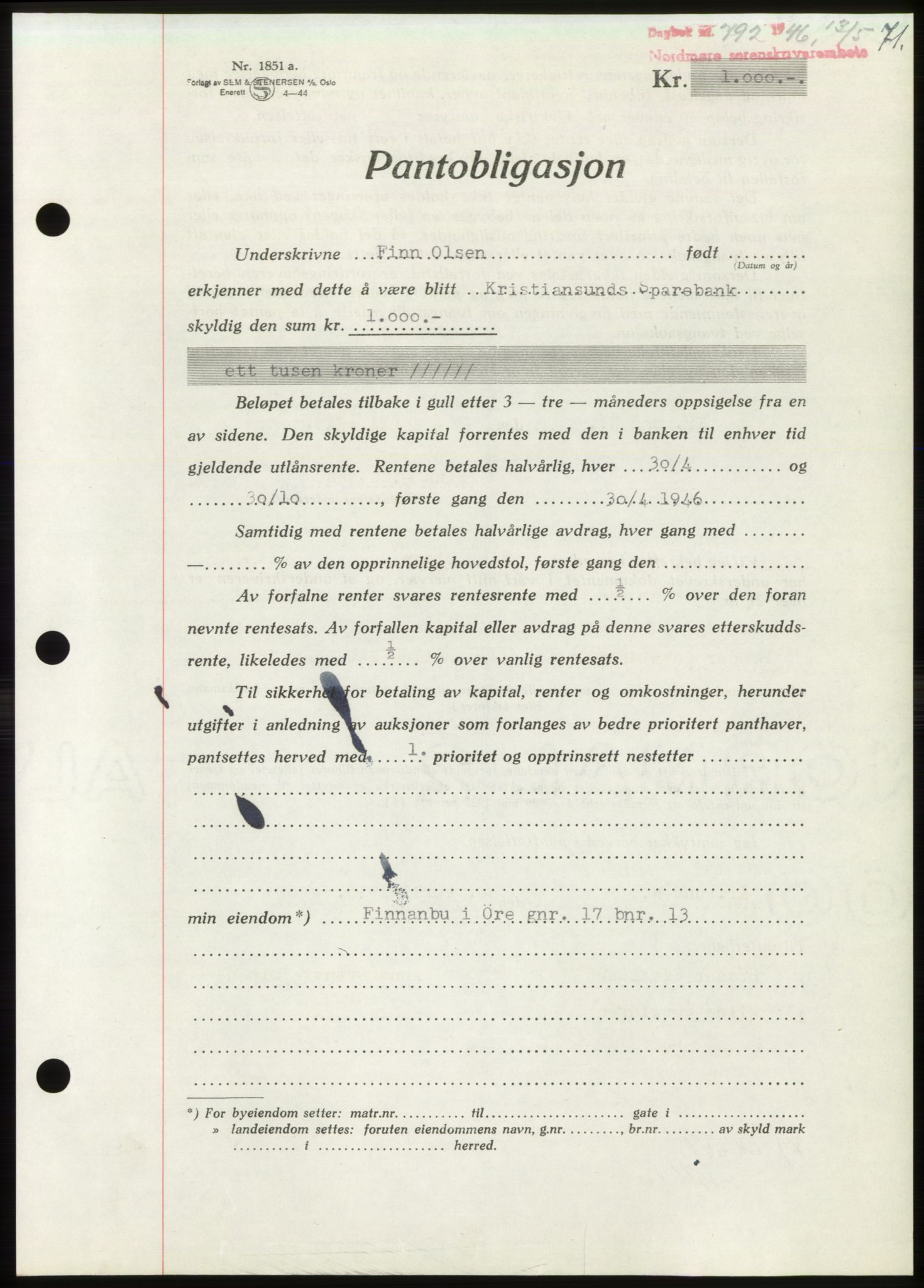 Nordmøre sorenskriveri, AV/SAT-A-4132/1/2/2Ca: Pantebok nr. B94, 1946-1946, Dagboknr: 792/1946