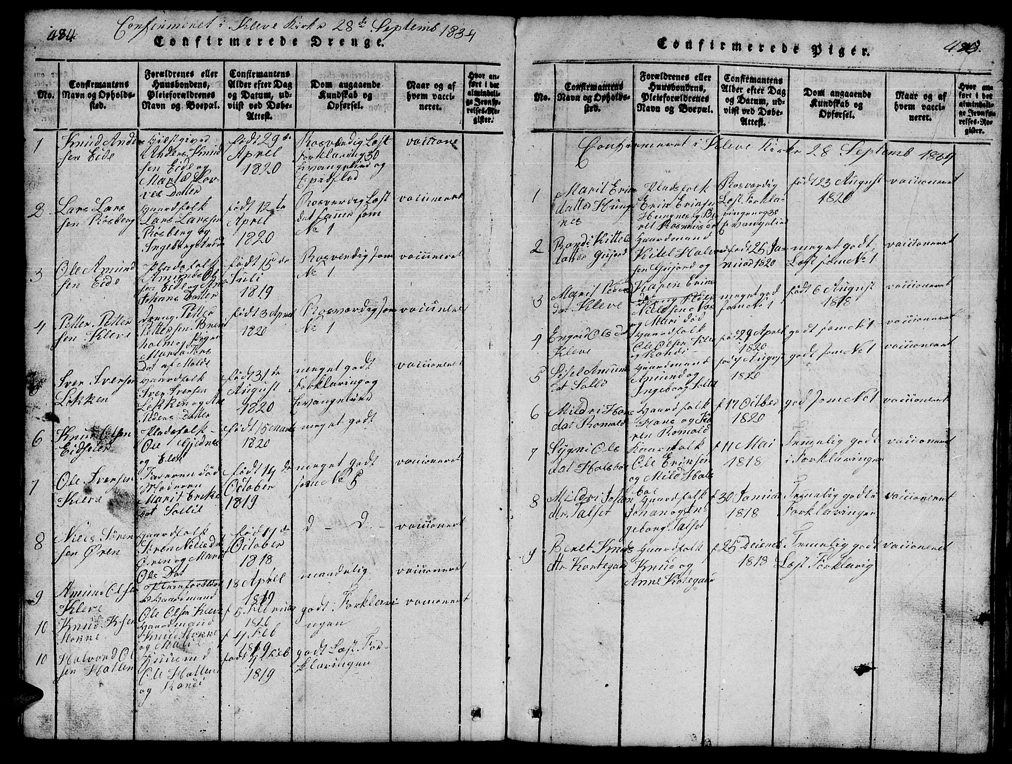 Ministerialprotokoller, klokkerbøker og fødselsregistre - Møre og Romsdal, SAT/A-1454/557/L0683: Klokkerbok nr. 557C01, 1818-1862, s. 484-485