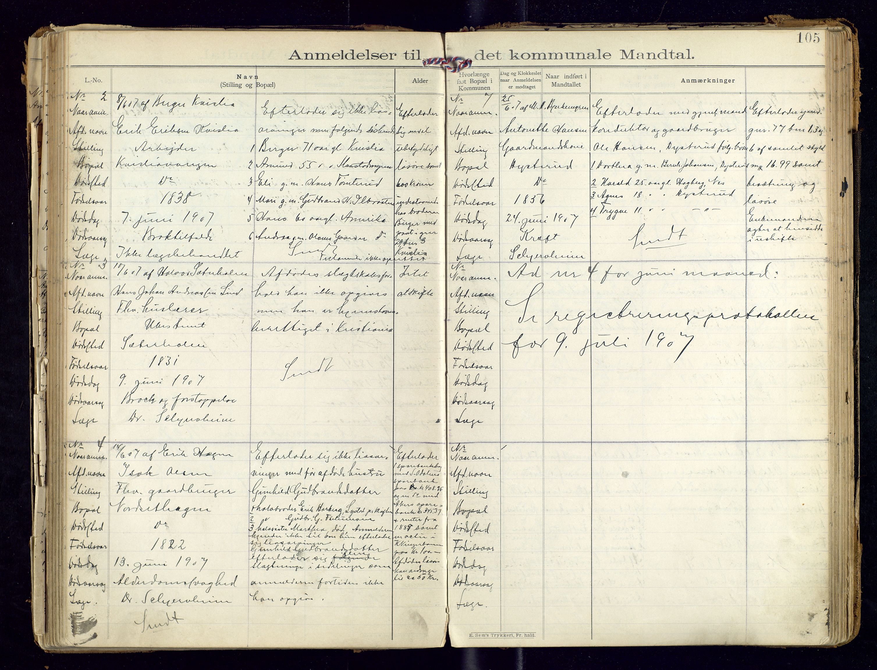 Sør-Odal lensmannskontor, AV/SAH-LHS-022/H/Hb/L0001/0002: Protokoller over anmeldte dødsfall / Protokoll over anmeldte dødsfall, 1901-1913, s. 105