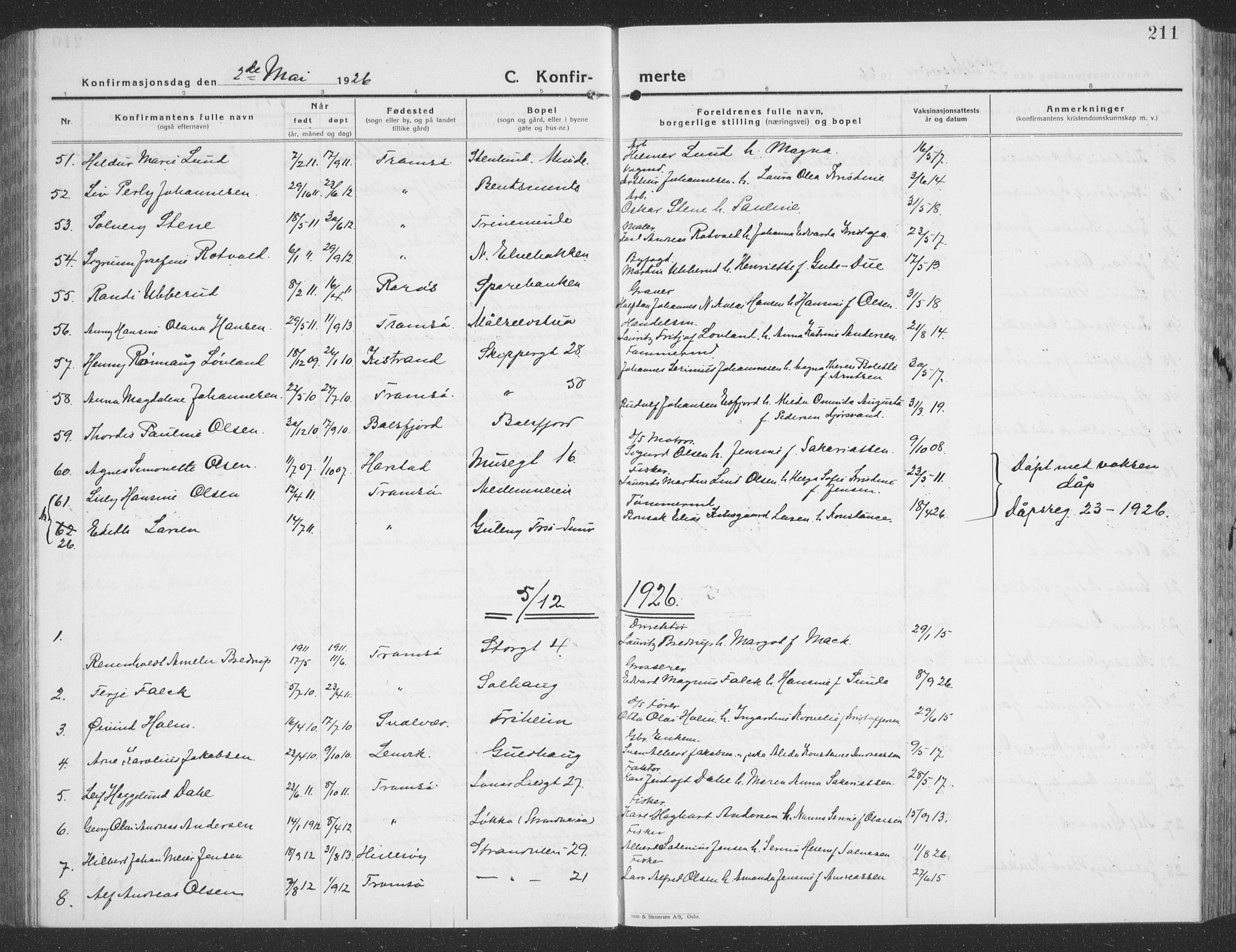 Tromsø sokneprestkontor/stiftsprosti/domprosti, AV/SATØ-S-1343/G/Gb/L0010klokker: Klokkerbok nr. 10, 1925-1937, s. 211
