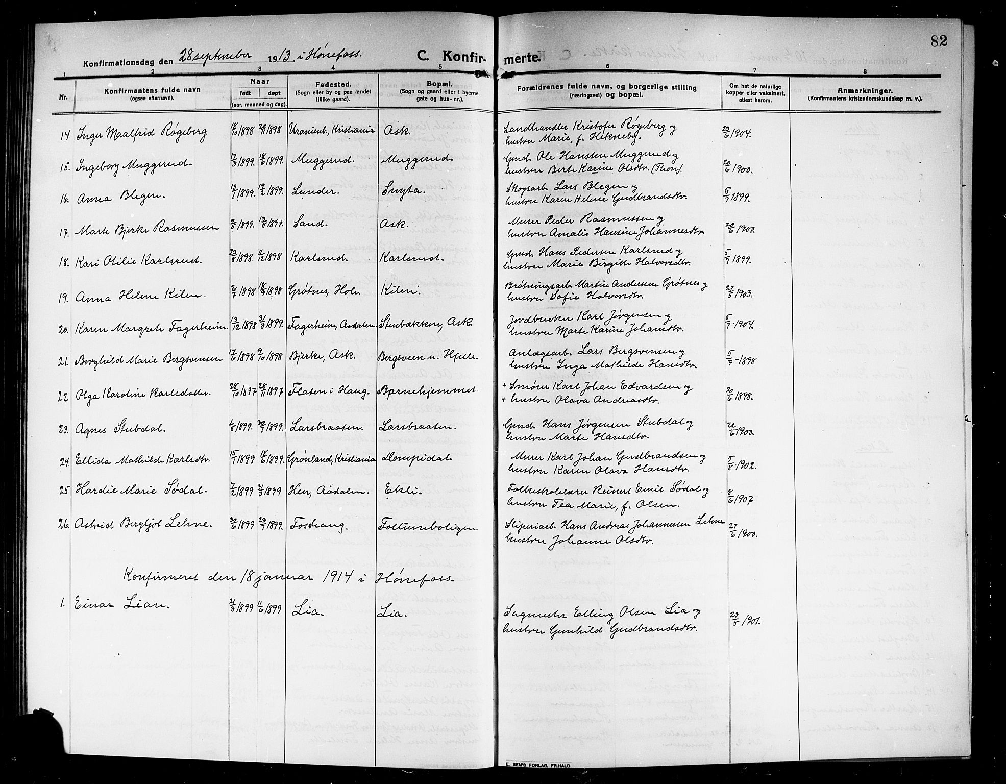 Norderhov kirkebøker, AV/SAKO-A-237/G/Ga/L0009: Klokkerbok nr. I 9, 1913-1920, s. 82