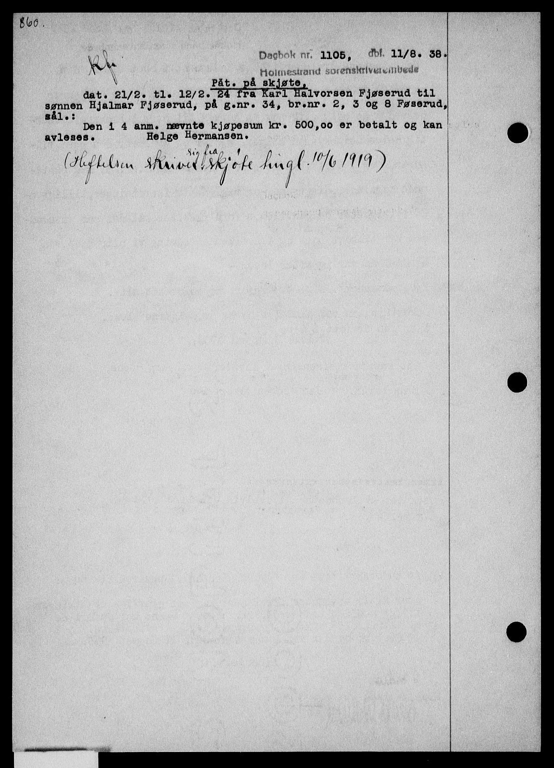 Holmestrand sorenskriveri, SAKO/A-67/G/Ga/Gaa/L0049: Pantebok nr. A-49, 1937-1938, Dagboknr: 1105/1938