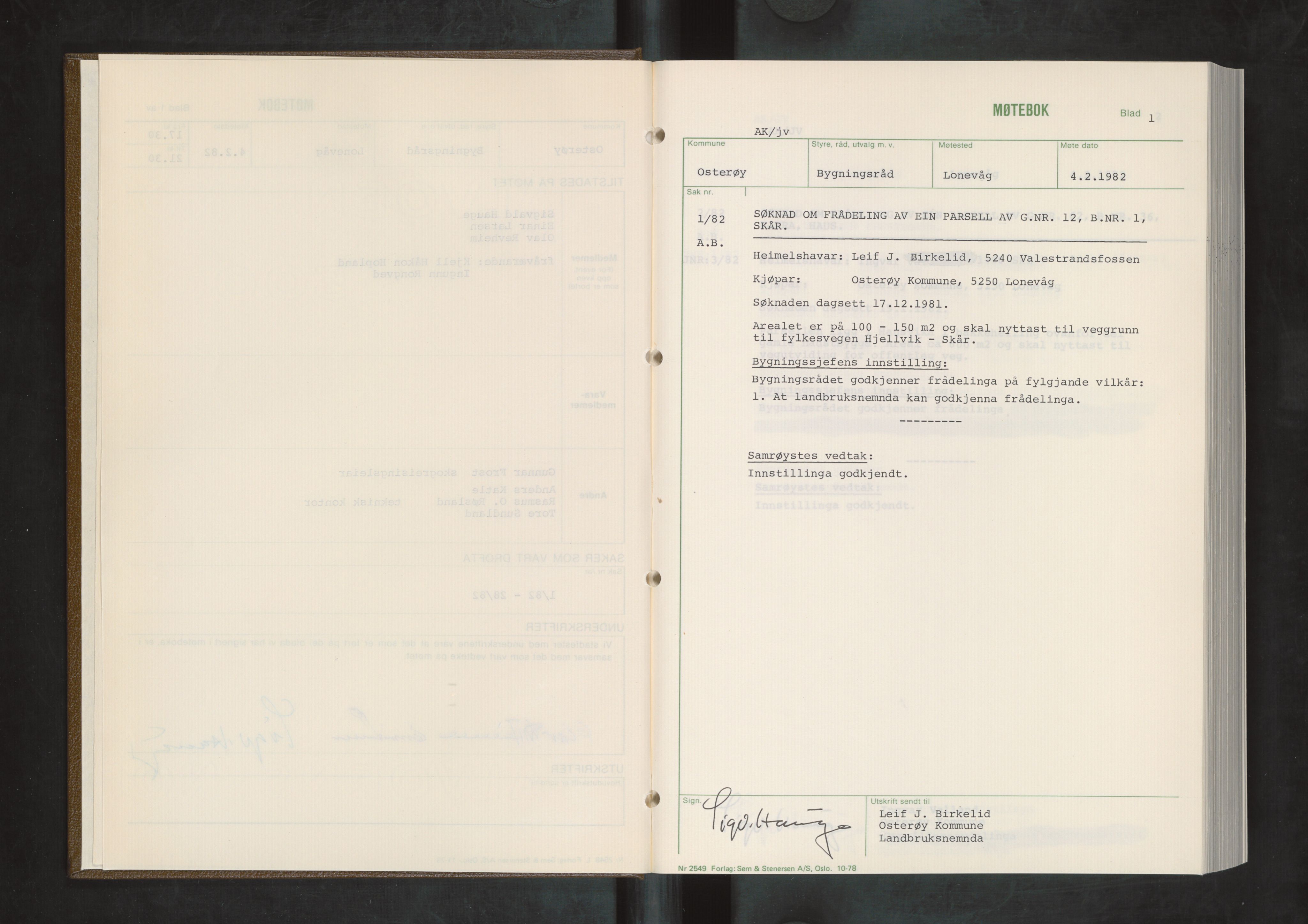 Osterøy kommune. Bygningsrådet, IKAH/1253b-511/A/Aa/L0015: Møtebok Osterøy bygningsråd, 1982