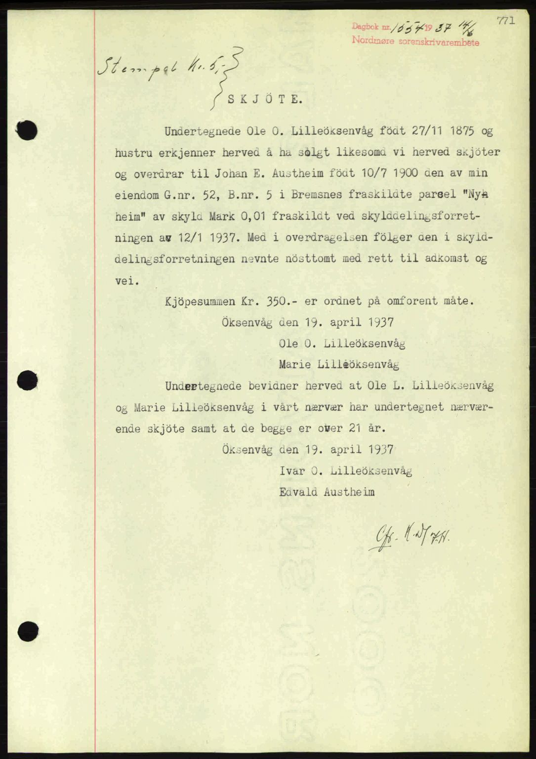 Nordmøre sorenskriveri, SAT/A-4132/1/2/2Ca: Pantebok nr. A81, 1937-1937, Dagboknr: 1554/1937