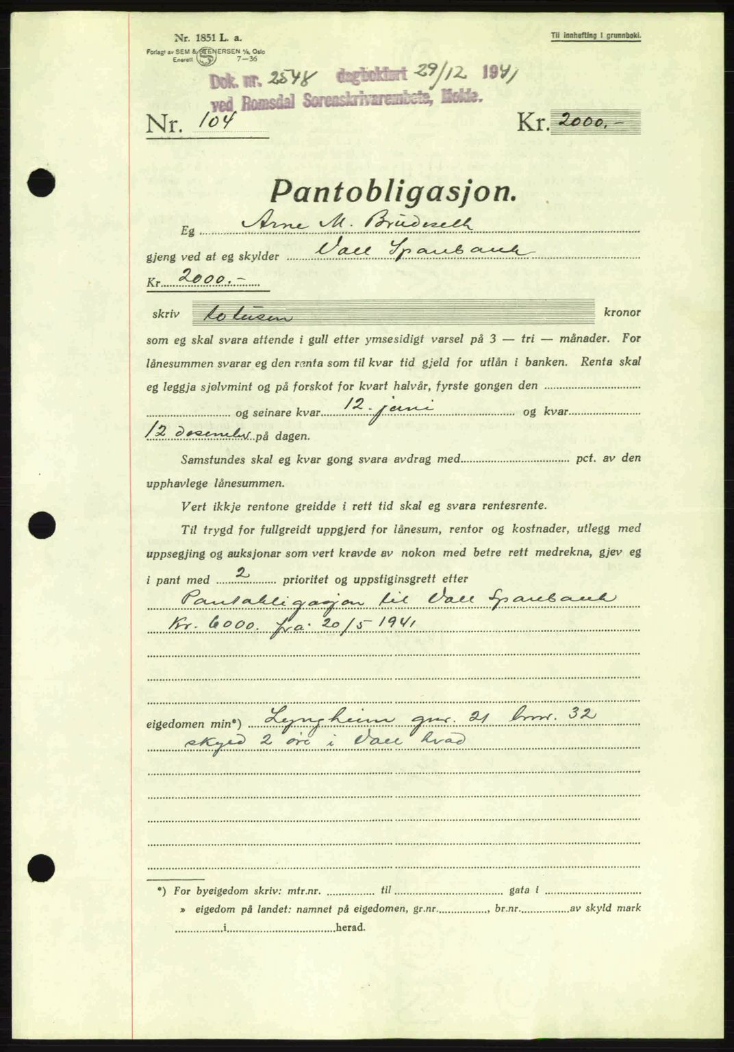 Romsdal sorenskriveri, SAT/A-4149/1/2/2C: Pantebok nr. B2, 1939-1945, Dagboknr: 2548/1941