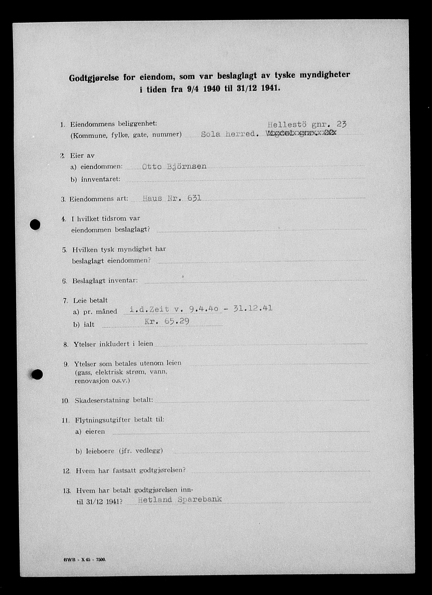 Justisdepartementet, Tilbakeføringskontoret for inndratte formuer, AV/RA-S-1564/I/L1014: Godtgjørelse for beslaglagt eiendom, 1940-1941, s. 181