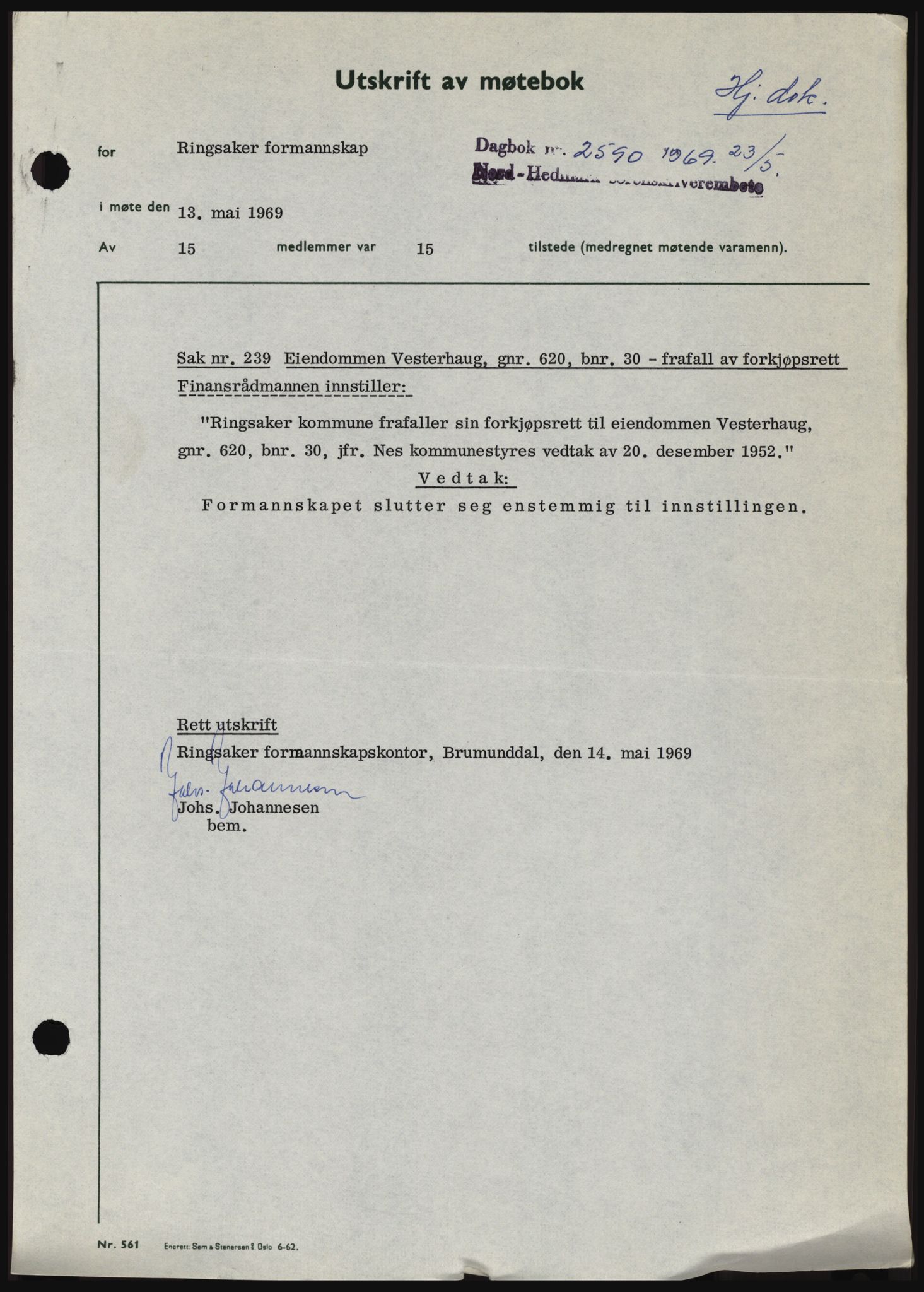 Nord-Hedmark sorenskriveri, SAH/TING-012/H/Hc/L0030: Pantebok nr. 30, 1969-1969, Dagboknr: 2590/1969