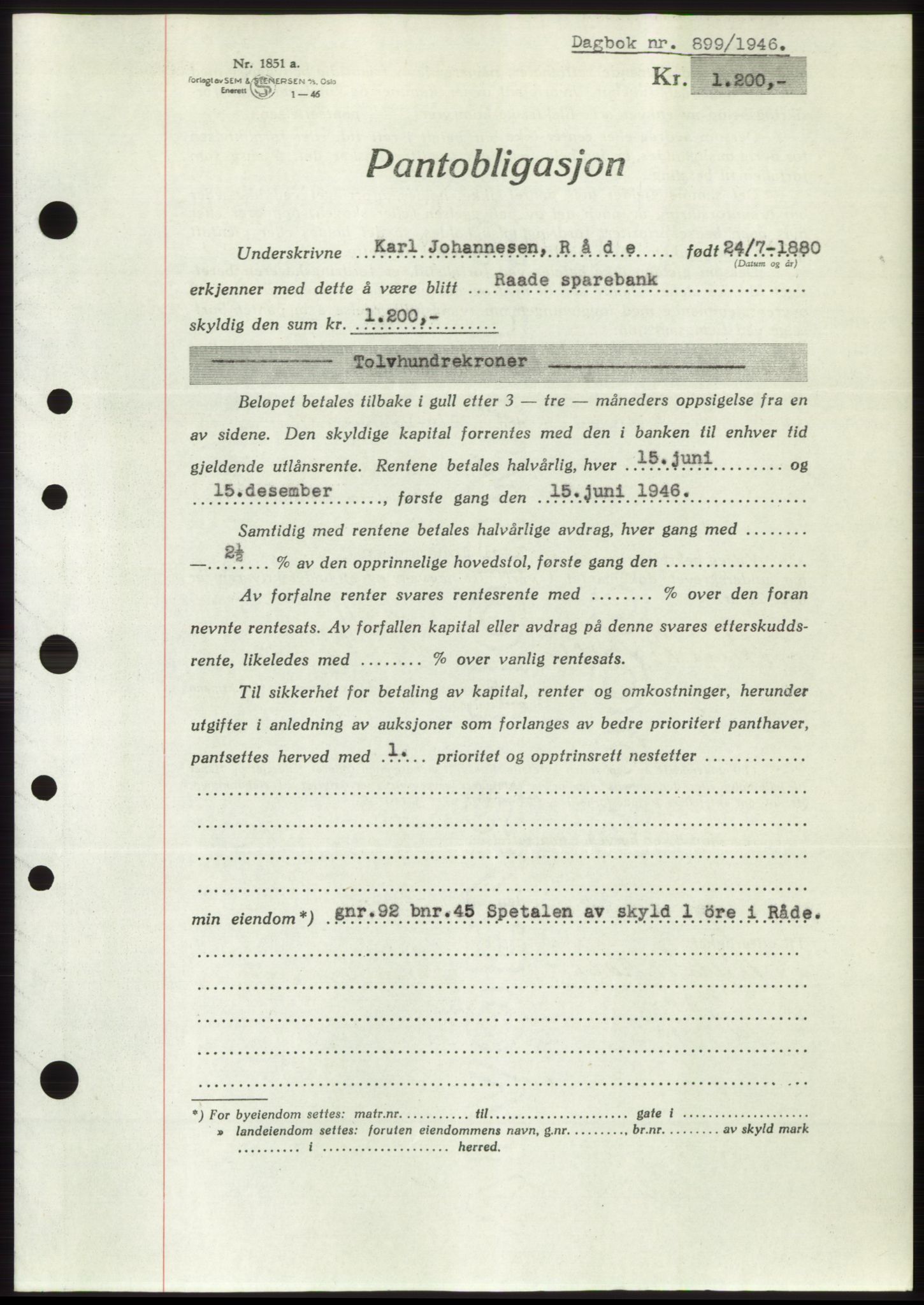 Moss sorenskriveri, SAO/A-10168: Pantebok nr. B15, 1946-1946, Dagboknr: 899/1946