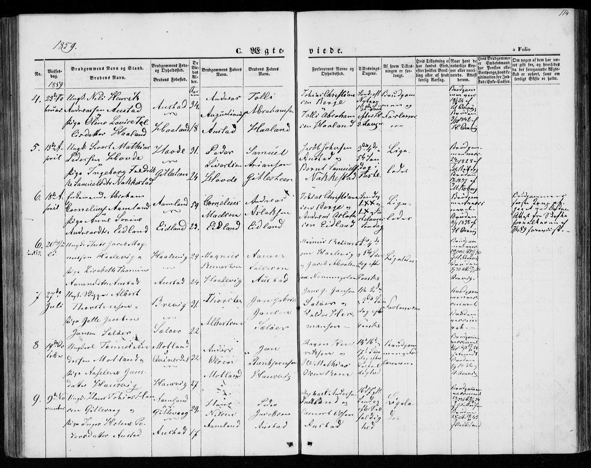 Lyngdal sokneprestkontor, AV/SAK-1111-0029/F/Fa/Faa/L0002: Ministerialbok nr. A 2, 1858-1870, s. 114