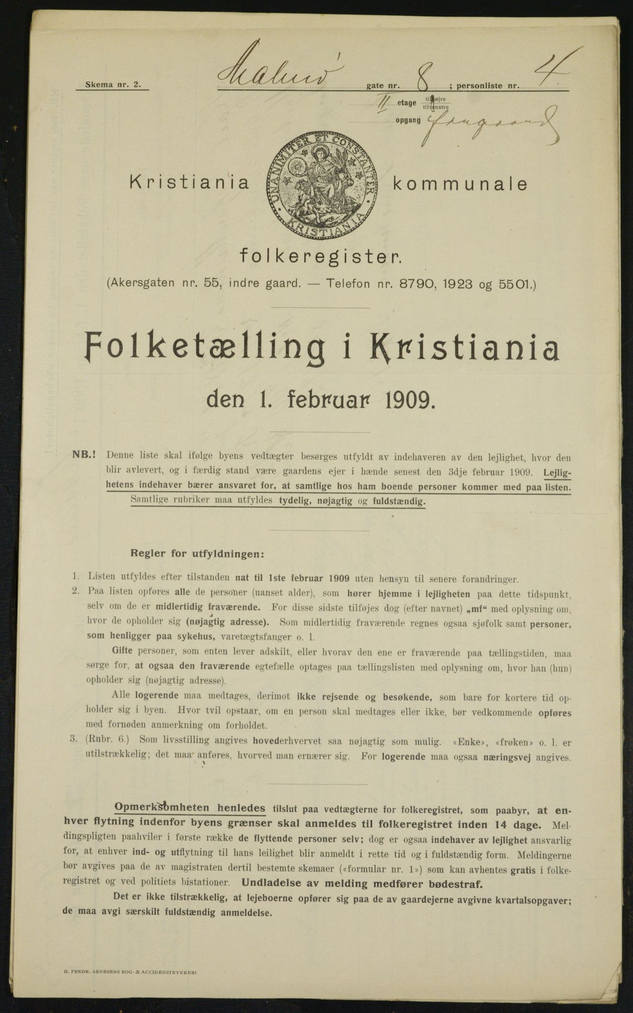 OBA, Kommunal folketelling 1.2.1909 for Kristiania kjøpstad, 1909, s. 54597
