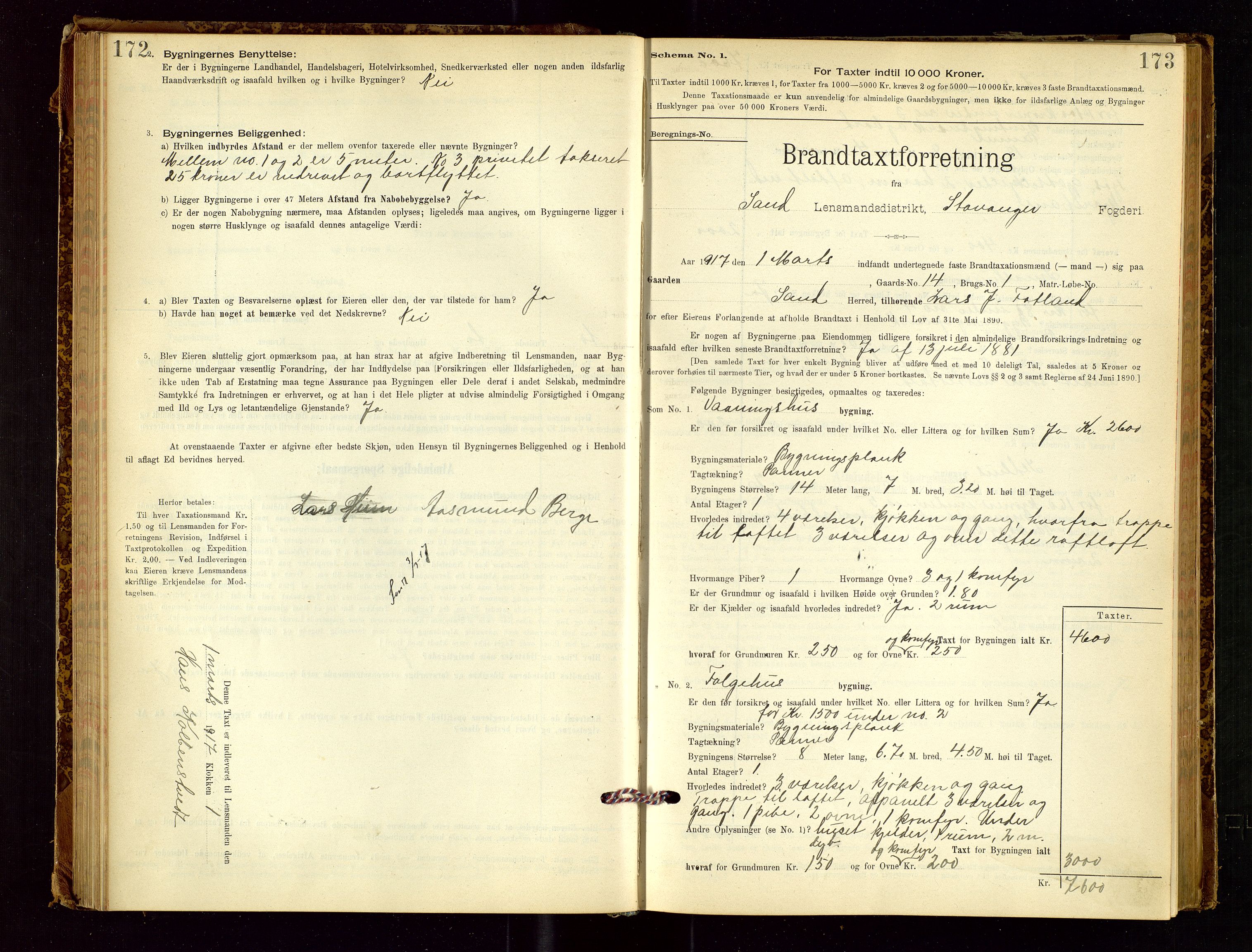 Sand lensmannskontor, AV/SAST-A-100415/Goc/L0001: "Brandtaxationsprotokol", 1895-1935, s. 172-173