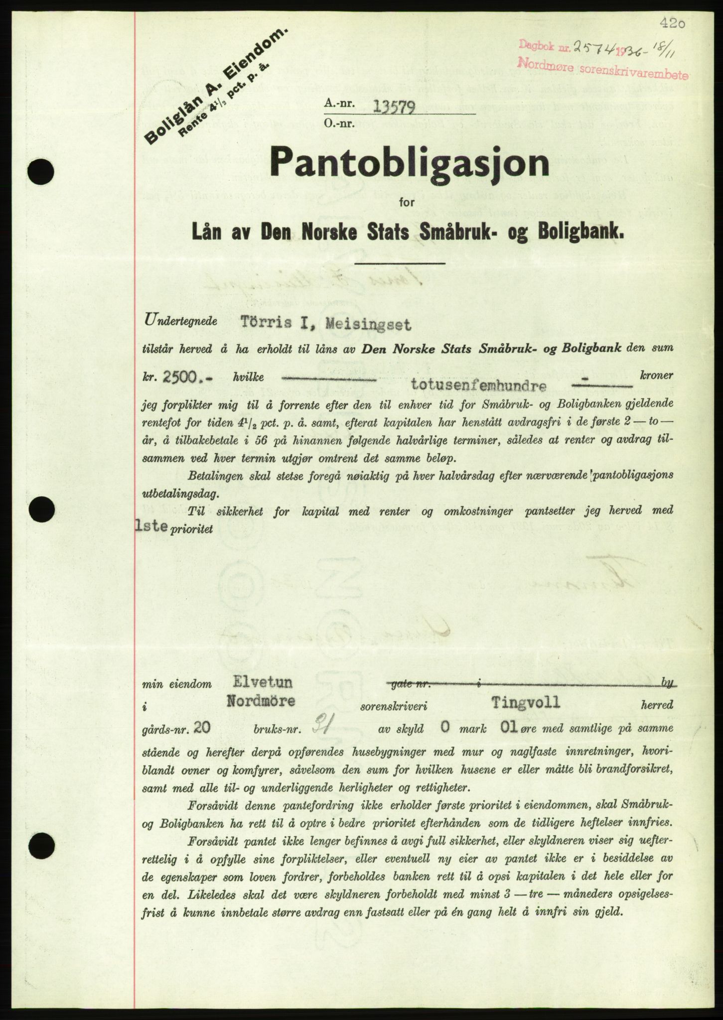 Nordmøre sorenskriveri, AV/SAT-A-4132/1/2/2Ca/L0090: Pantebok nr. B80, 1936-1937, Dagboknr: 2574/1936