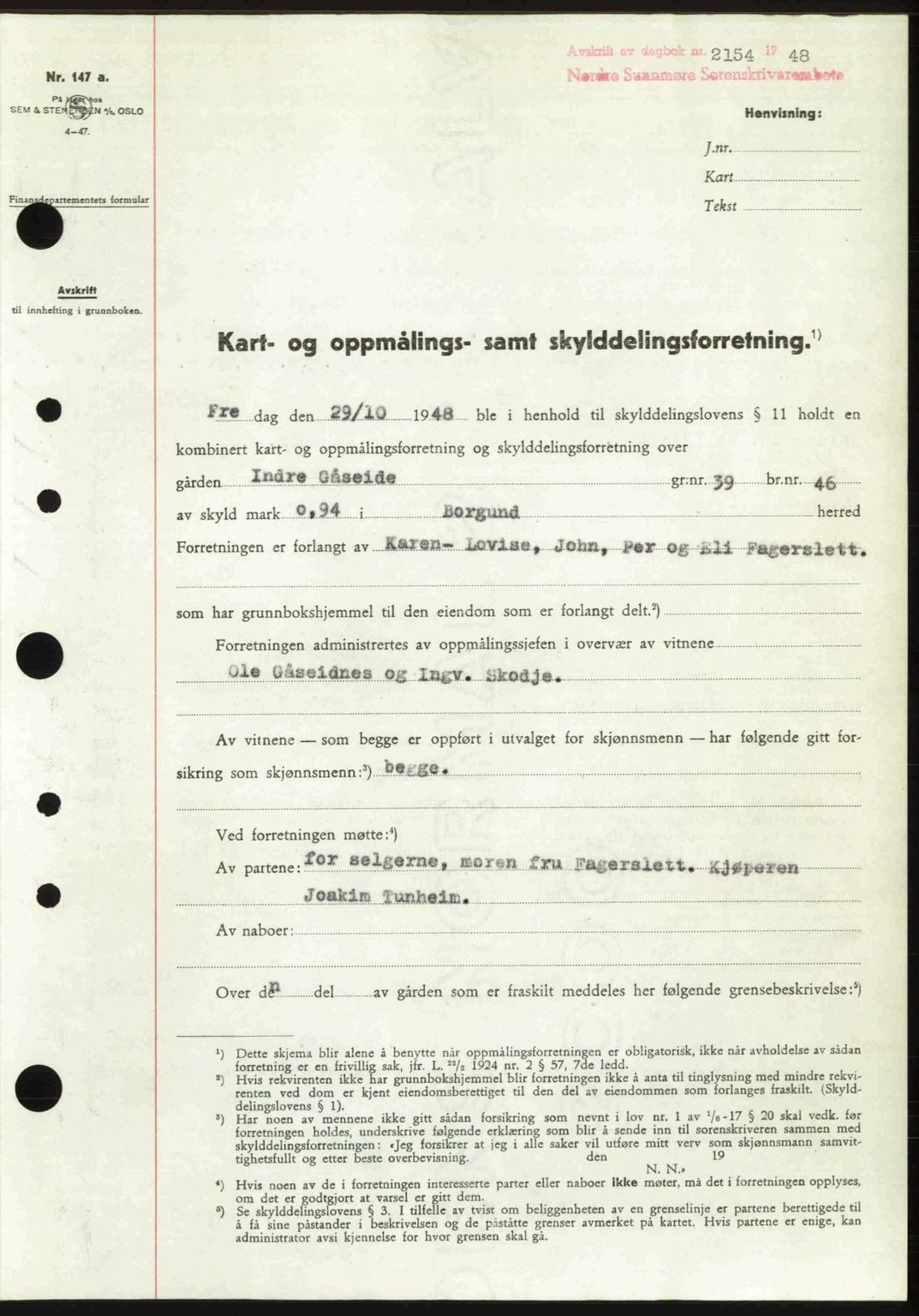 Nordre Sunnmøre sorenskriveri, SAT/A-0006/1/2/2C/2Ca: Pantebok nr. A29, 1948-1949, Dagboknr: 2154/1948